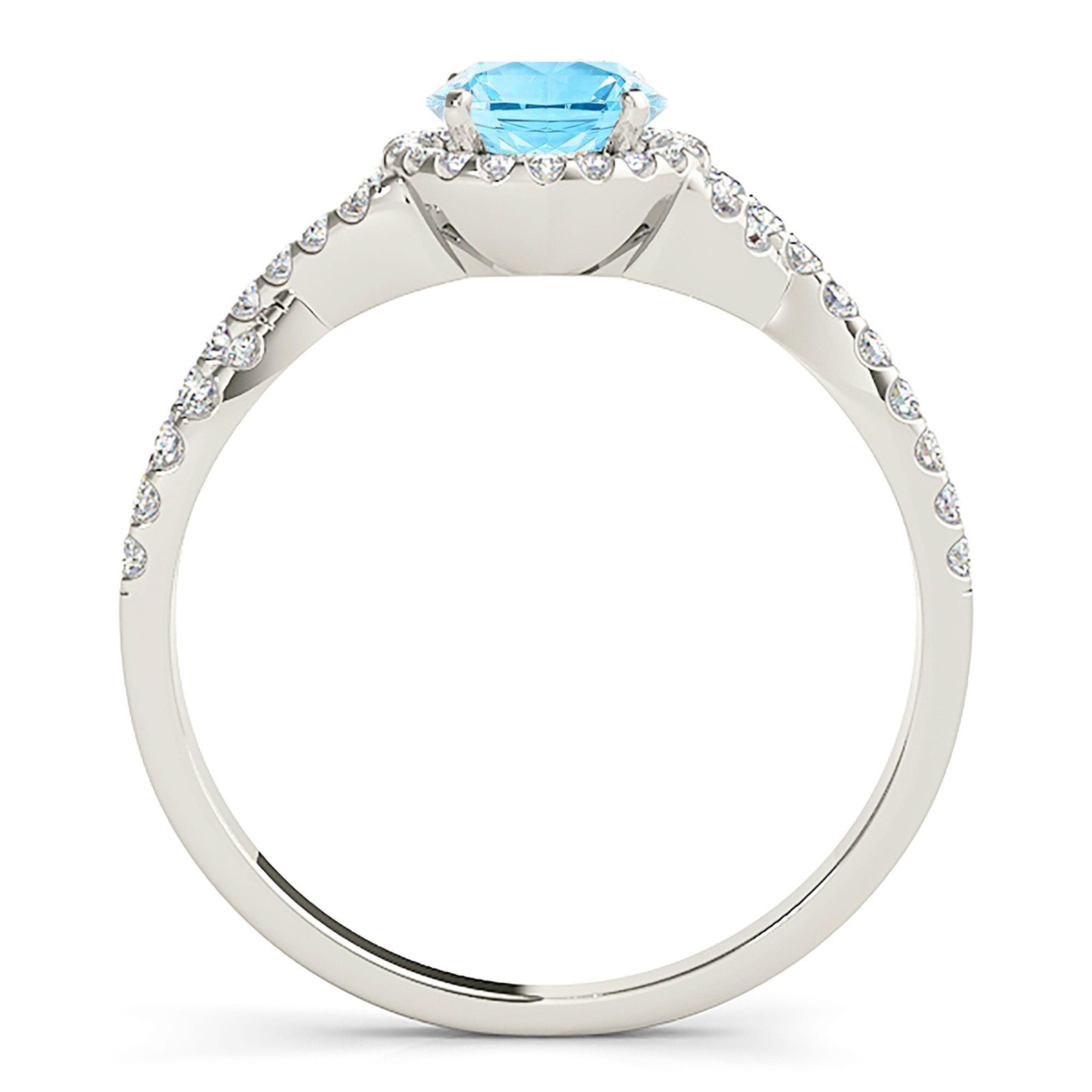 1.10 ct. Genuine Aquamarine Ring With 0.25 ctw. Diamond Halo And Delicate Diamond Twist Band | Round Blue Aquamarine Halo Ring-VIRABYANI