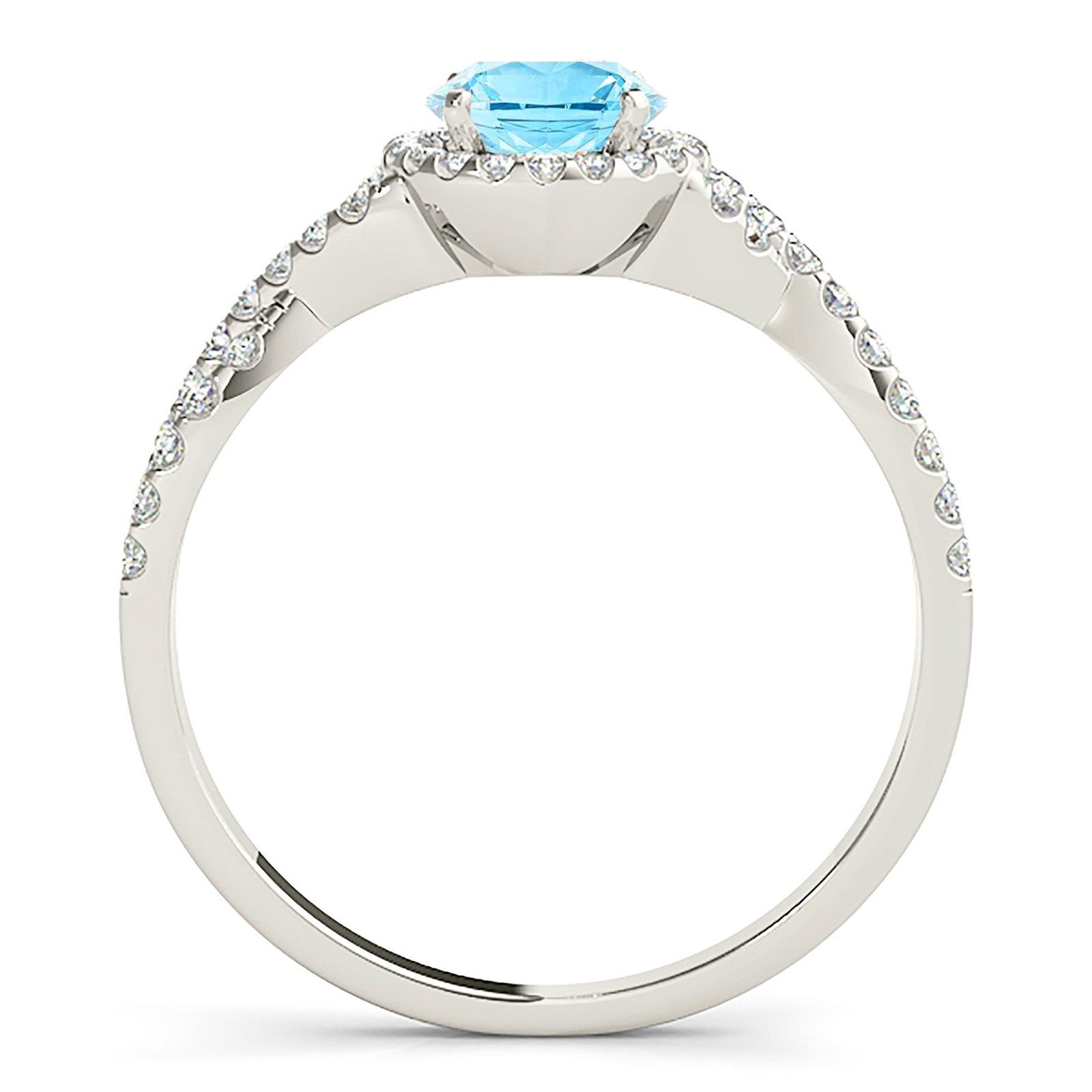 1.10 ct. Genuine Aquamarine Ring With 0.25 ctw. Diamond Halo And Delicate Diamond Twist Band | Round Blue Aquamarine Halo Ring-VIRABYANI