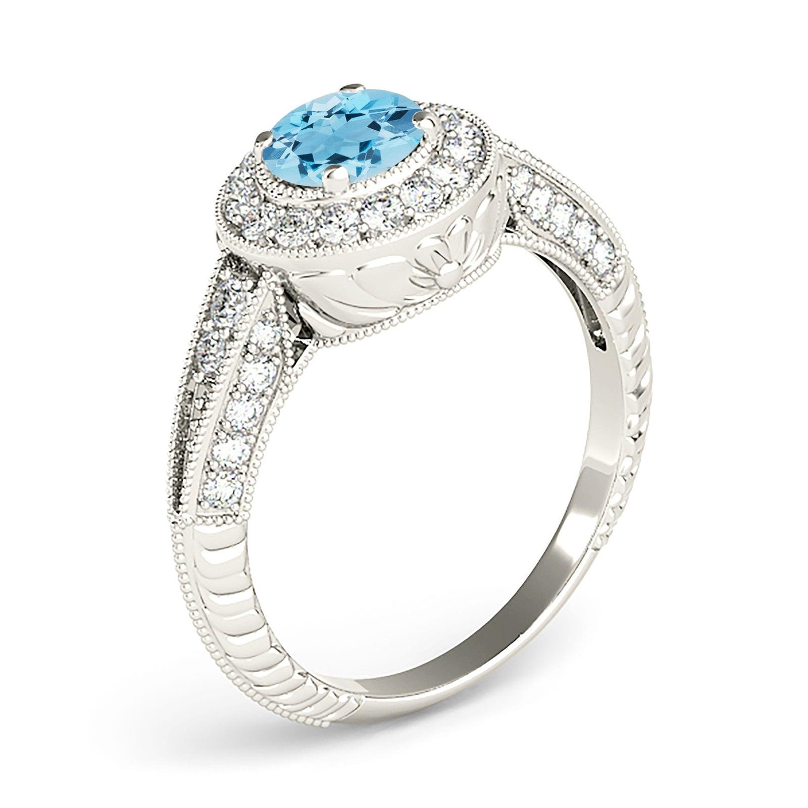 2.00 ct. Genuine Aquamarine Ring With 0.40 ctw. Diamond Milgrain Halo And 3D Diamond Band, Filigree Design | Round Blue Aquamarine Halo Ring-VIRABYANI