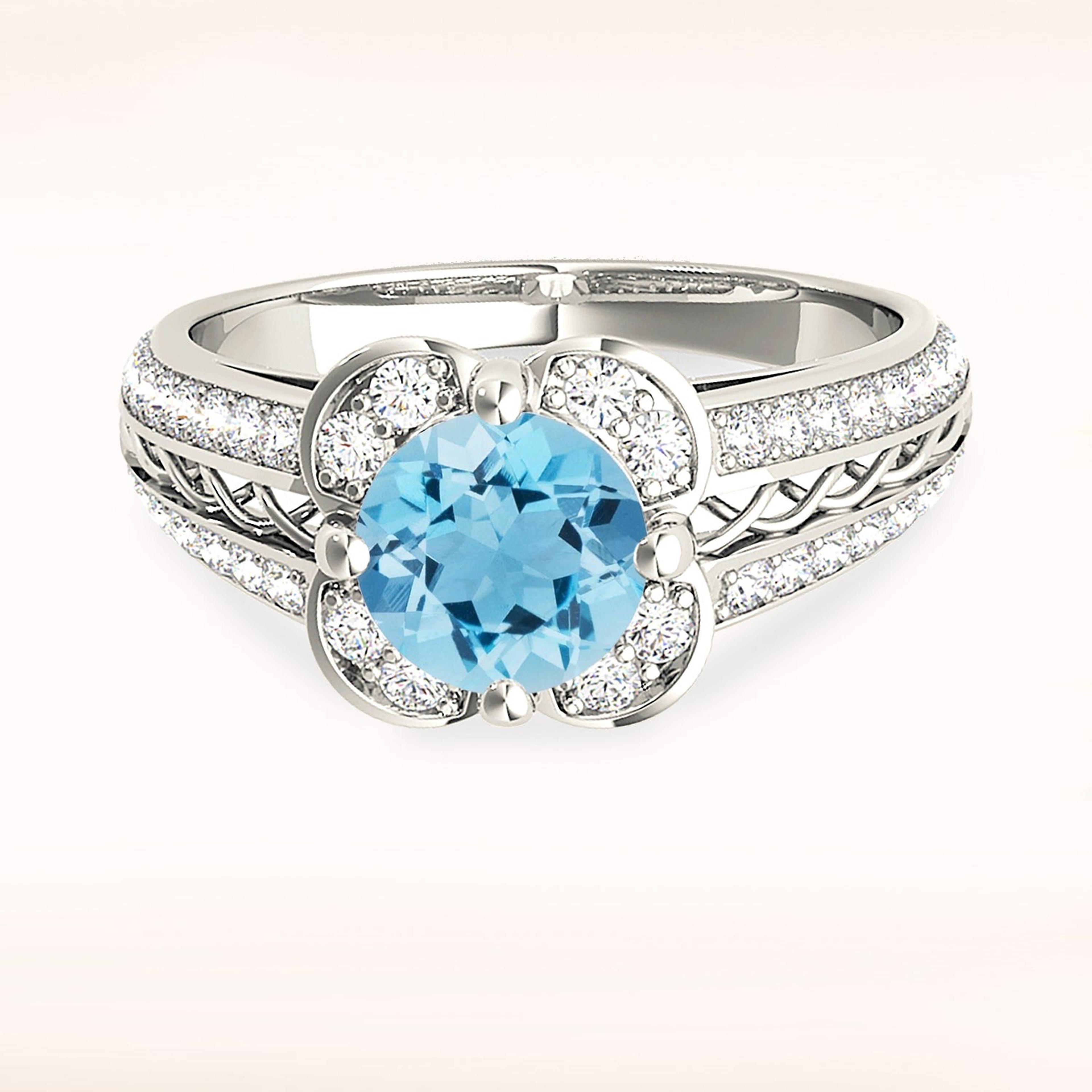 1.75 ct. Genuine Aquamarine Ring With 0.50 ctw. Diamond Floral Halo, Graduating Diamond and Solid Gold Twist Band |Blue Aquamarine Halo Ring-VIRABYANI