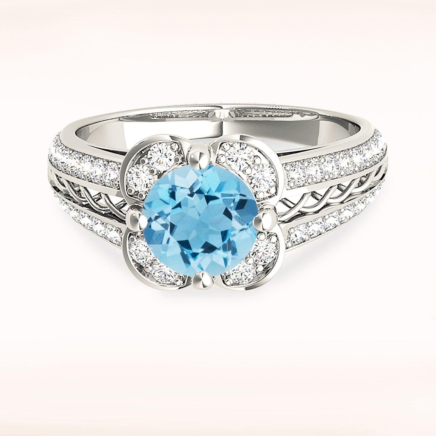 1.75 ct. Genuine Aquamarine Ring With 0.50 ctw. Diamond Floral Halo, Graduating Diamond and Solid Gold Twist Band |Blue Aquamarine Halo Ring-VIRABYANI