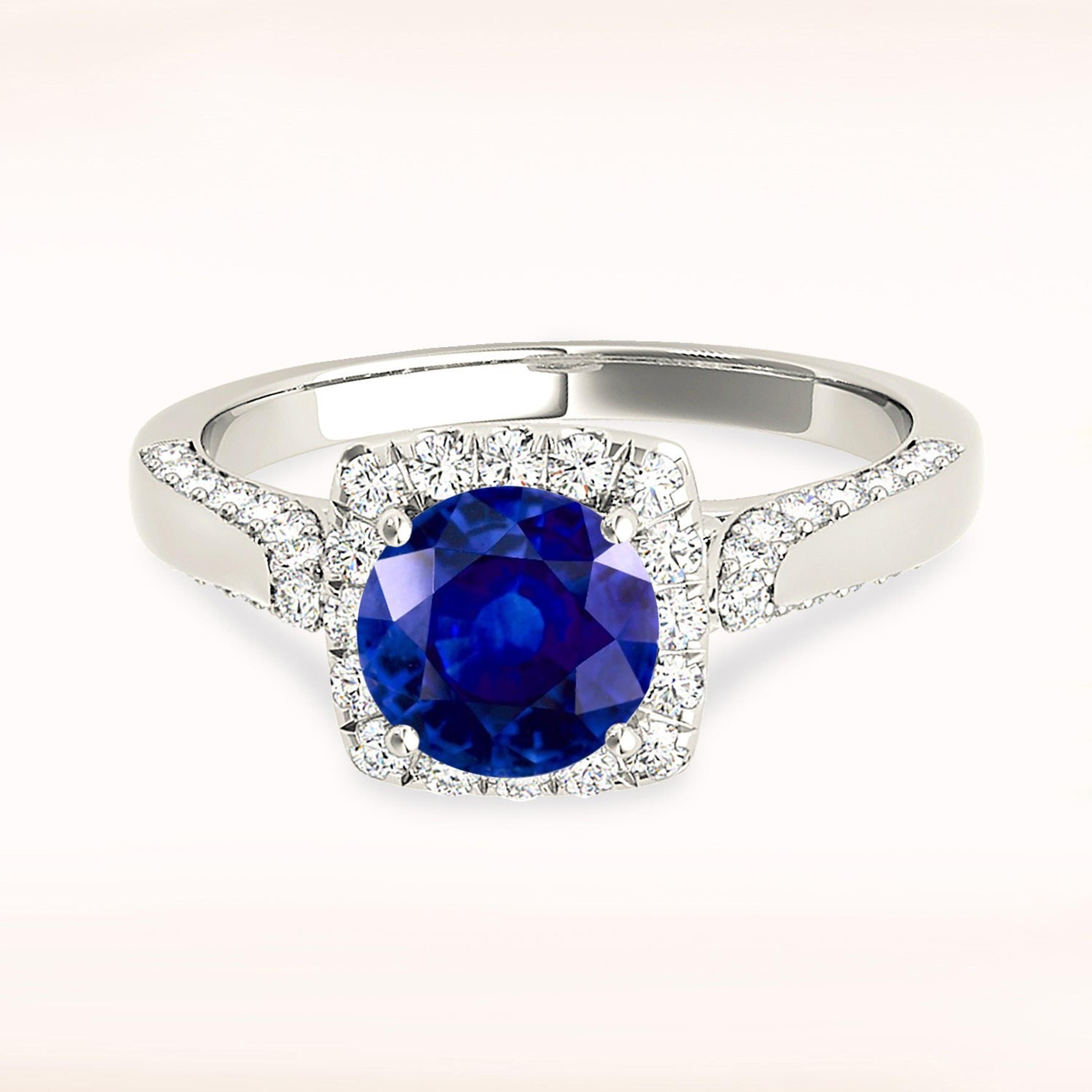 1.80 ct. Genuine Blue Sapphire Halo Engagement Ring With 0.55 ctw. Side and Accent Diamonds-VIRABYANI