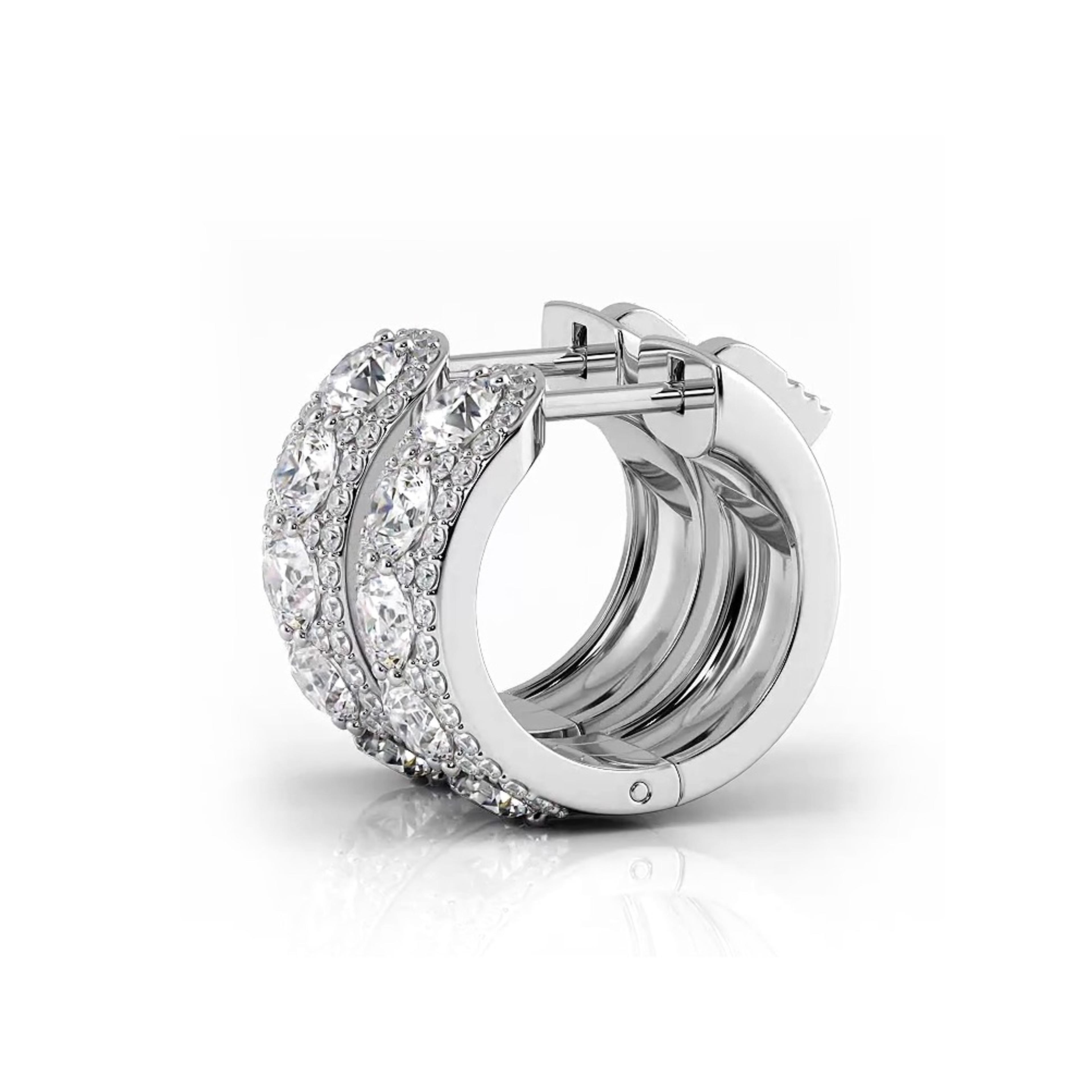 2.0 ctw. Three Rows Round Diamond Huggie Hoop Earrings
