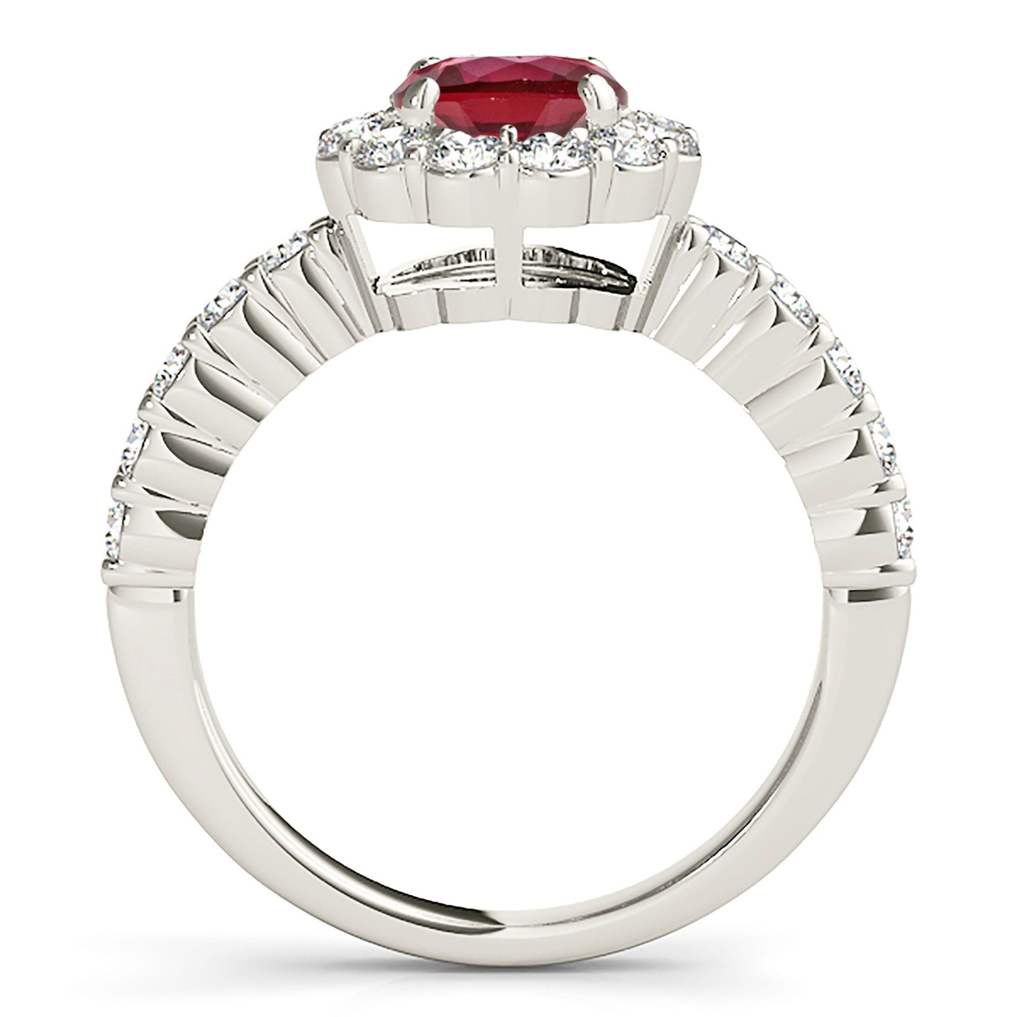 1.35 ct. Genuine Ruby Ring With 0.70 ctw. Diamond Floral Halo And Scalloped Diamond band-VIRABYANI