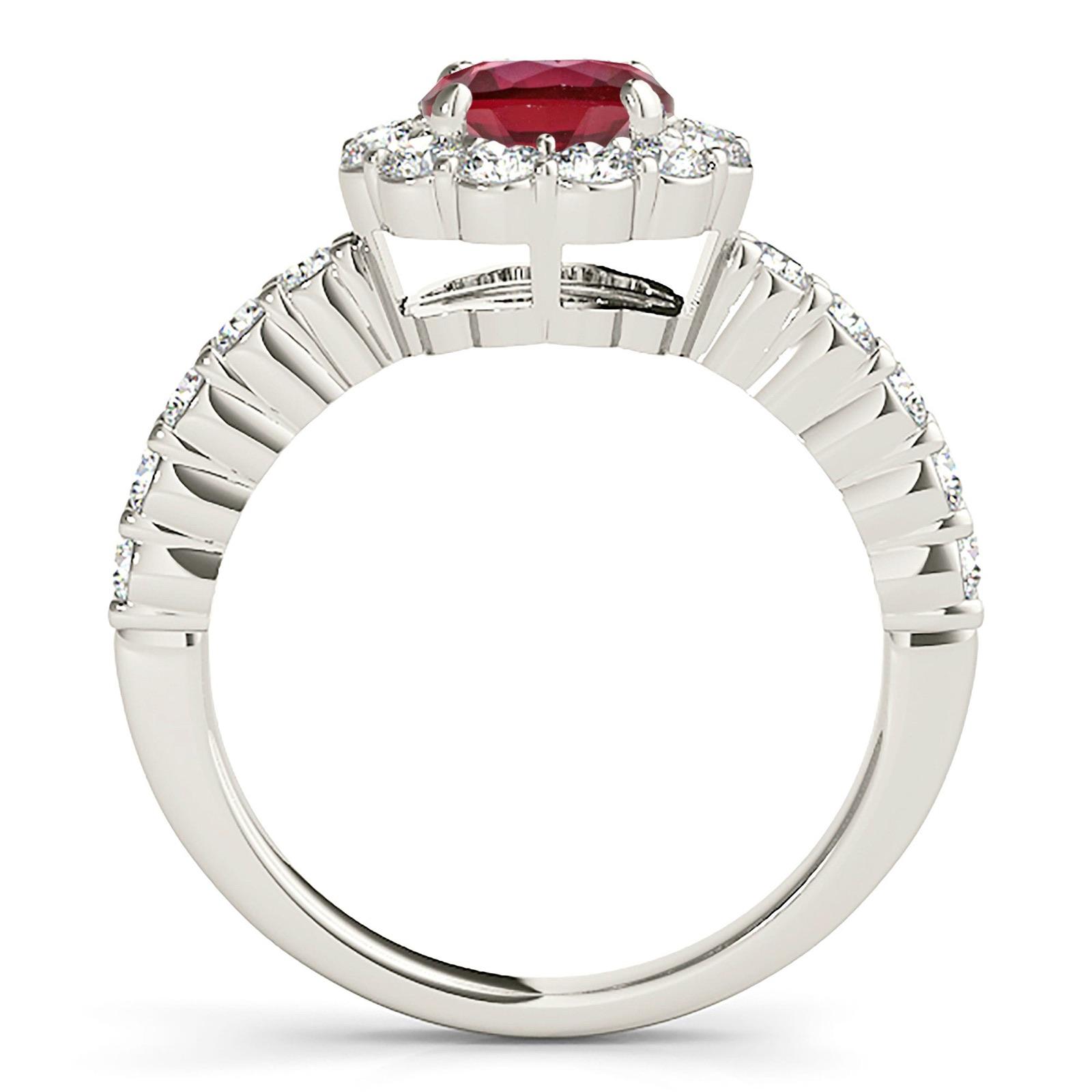 1.35 ct. Genuine Ruby Ring With 0.70 ctw. Diamond Floral Halo And Scalloped Diamond band-VIRABYANI