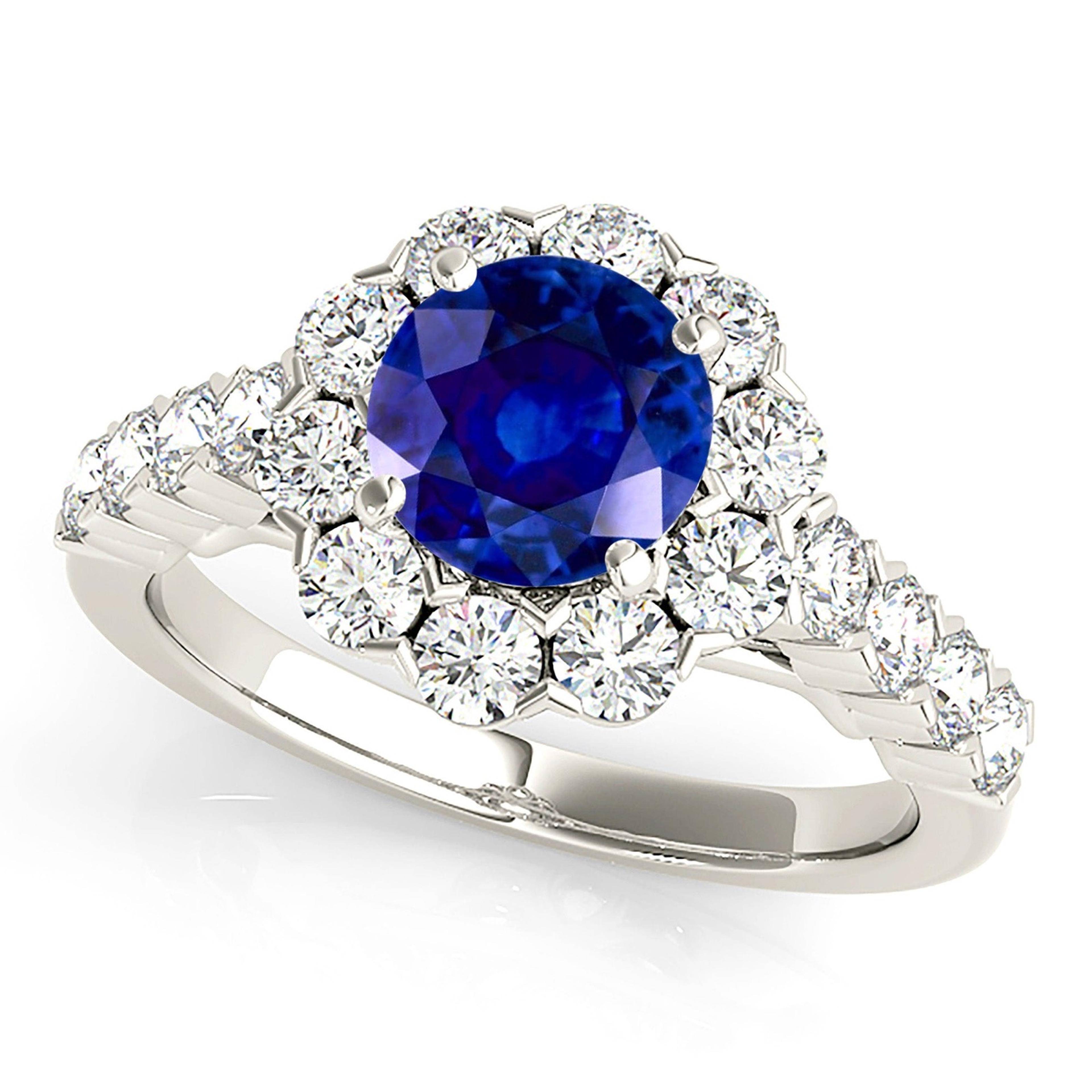 1.35 ct. Genuine Blue Sapphire Ring With 1.20 ctw. Diamond Floral Halo, Scalloped Diamond Band | Natural Sapphire And Diamond Gemstone Ring-VIRABYANI