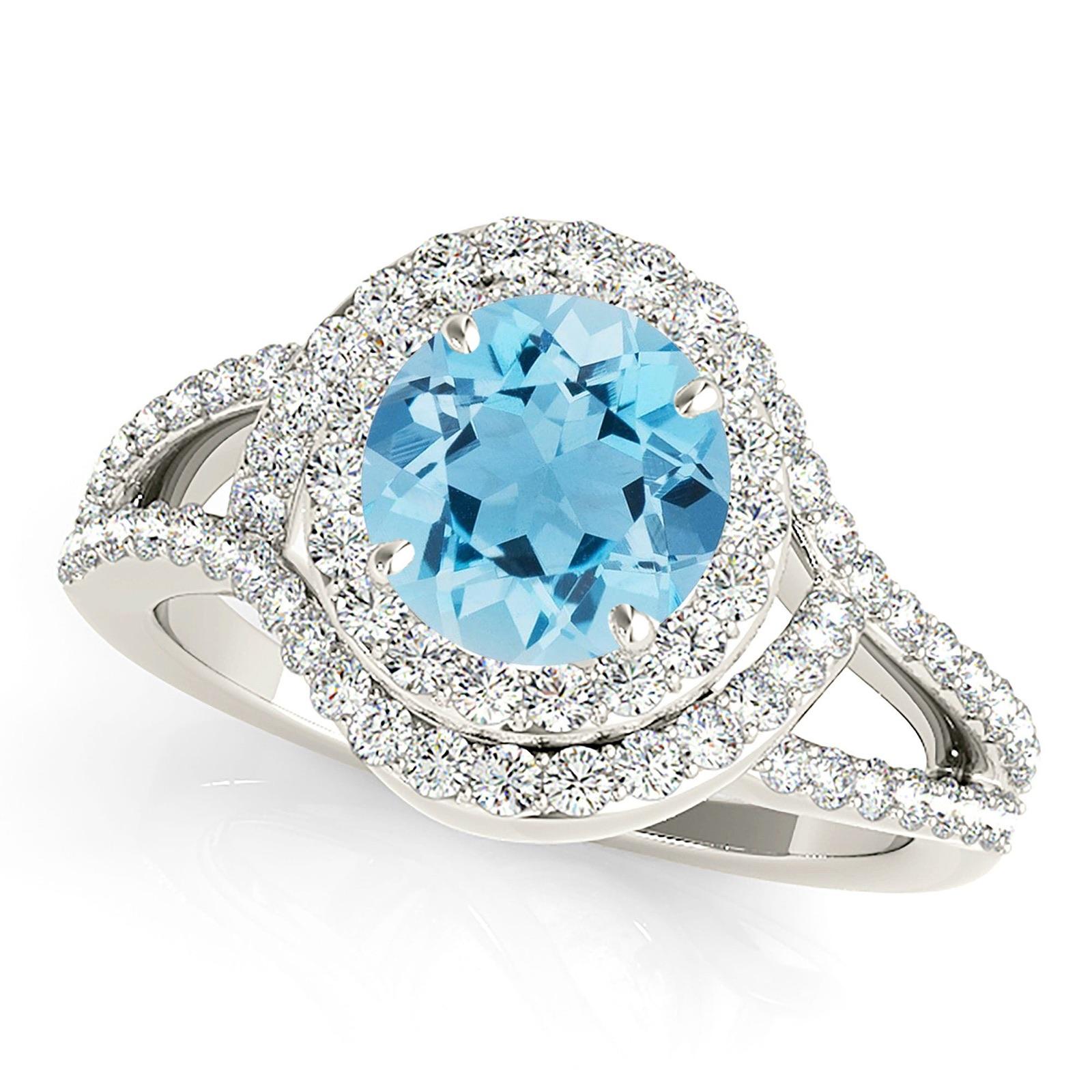 1.75 ct. Genuine Aquamarine Ring With 0.80 ctw. Diamond Wraparound Halo And Split Shank| Round Blue Aquamarine Halo Ring-VIRABYANI