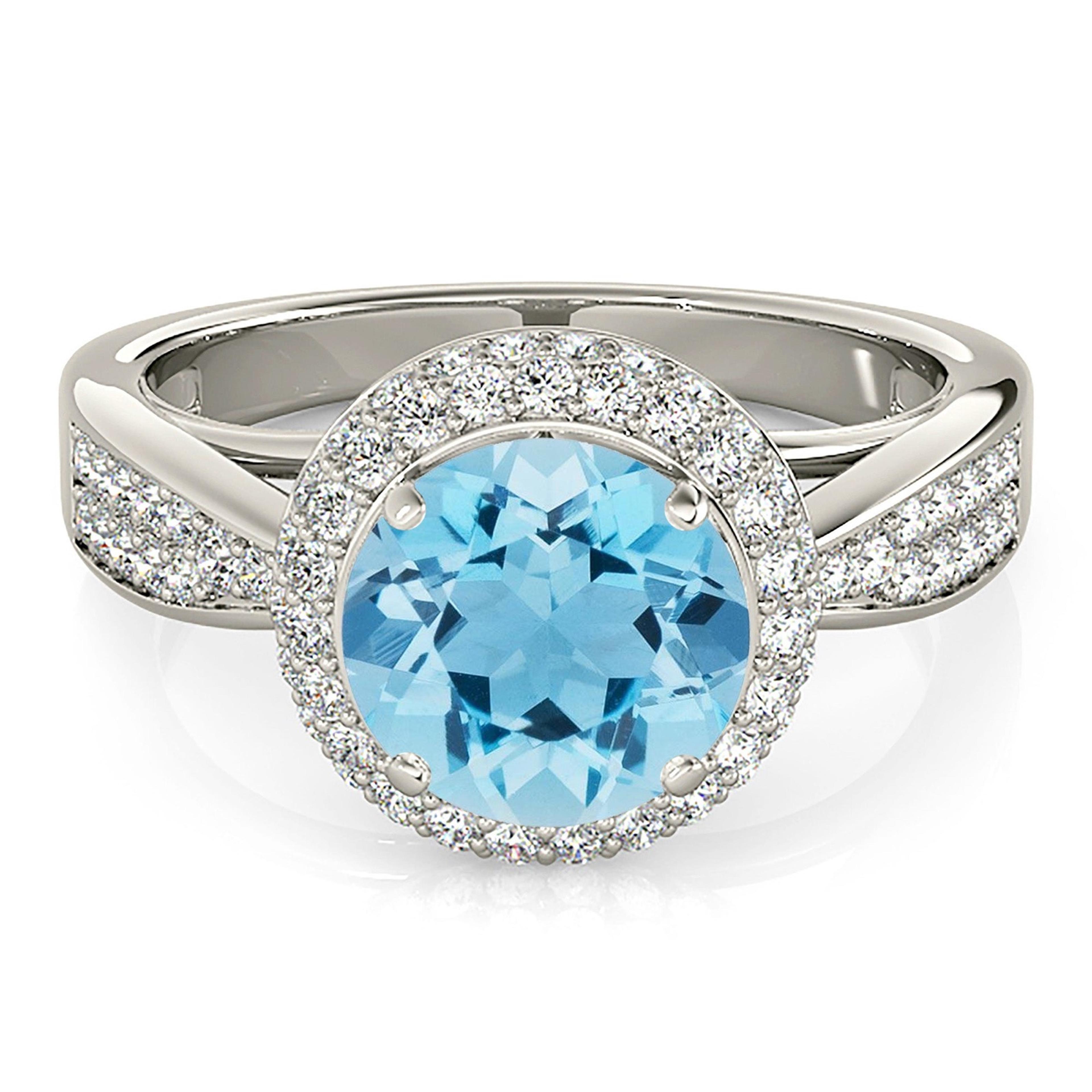 2.00 ct. Genuine Aquamarine Ring With 0.50 ctw. Diamond Double Edge Halo, Double Row Diamond Band | Round Blue Aquamarine Halo Ring-VIRABYANI