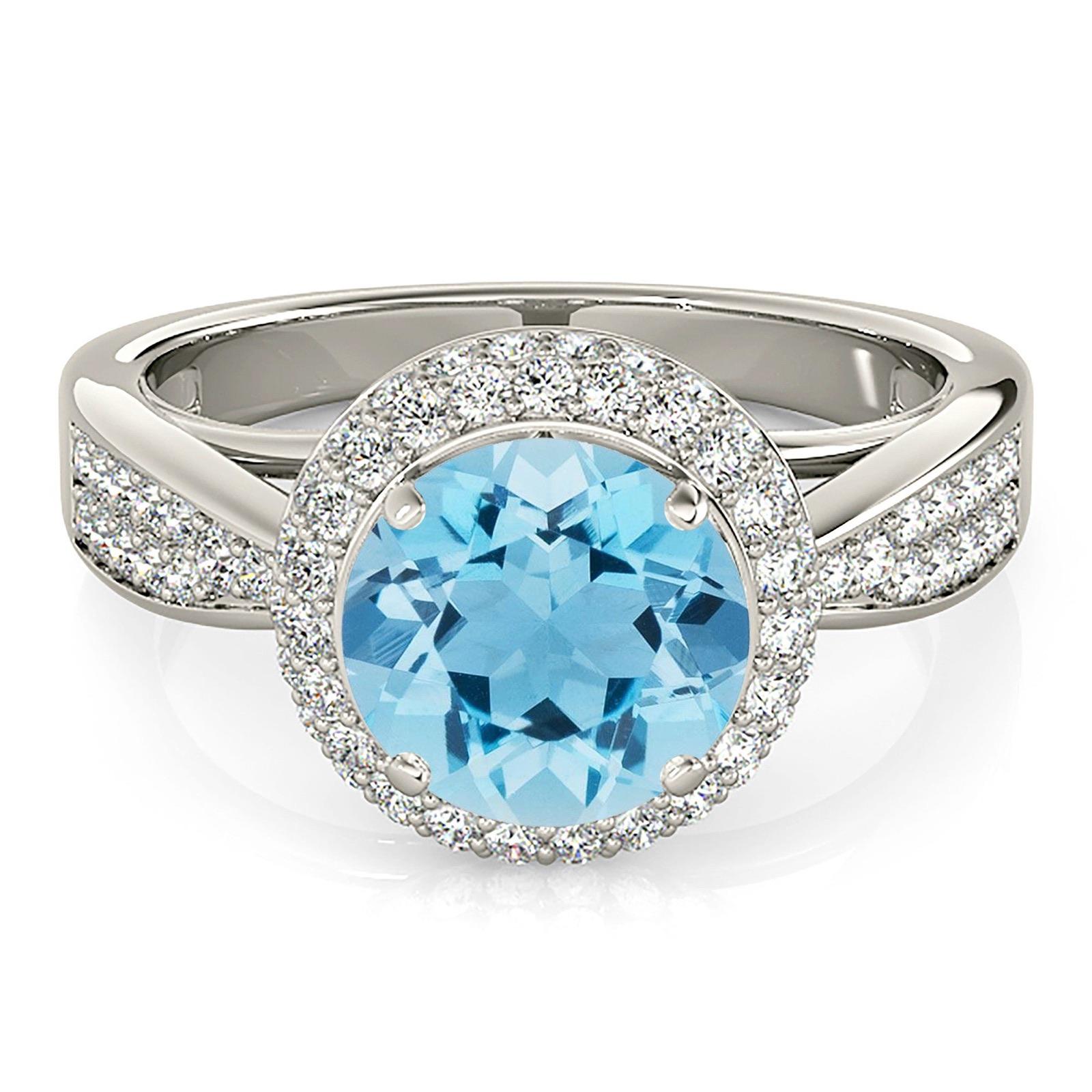 2.00 ct. Genuine Aquamarine Ring With 0.50 ctw. Diamond Double Edge Halo, Double Row Diamond Band | Round Blue Aquamarine Halo Ring-VIRABYANI