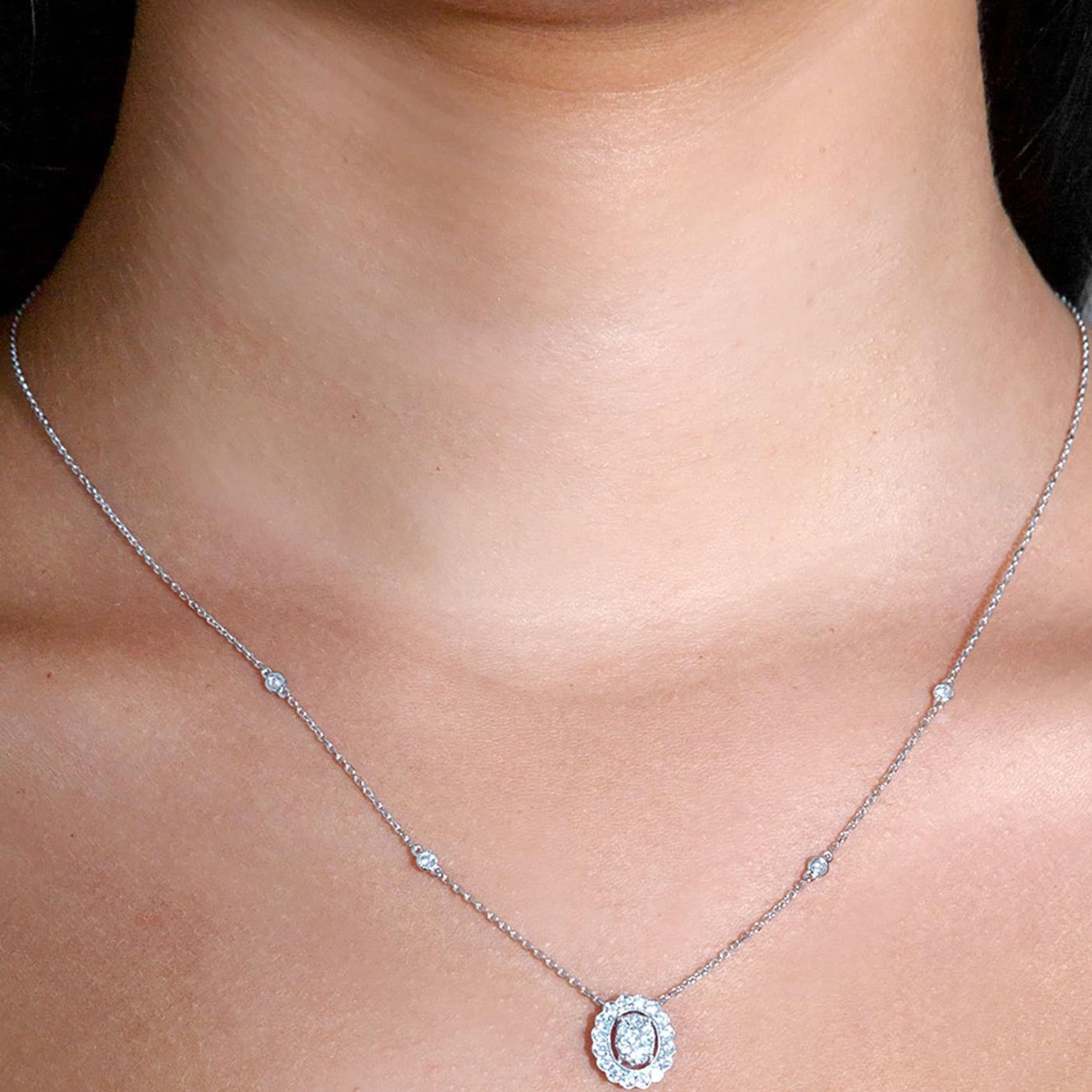 Milgrain 0.50 ctw Diamond Oval Halo Cluster Necklace Pendant-VIRABYANI