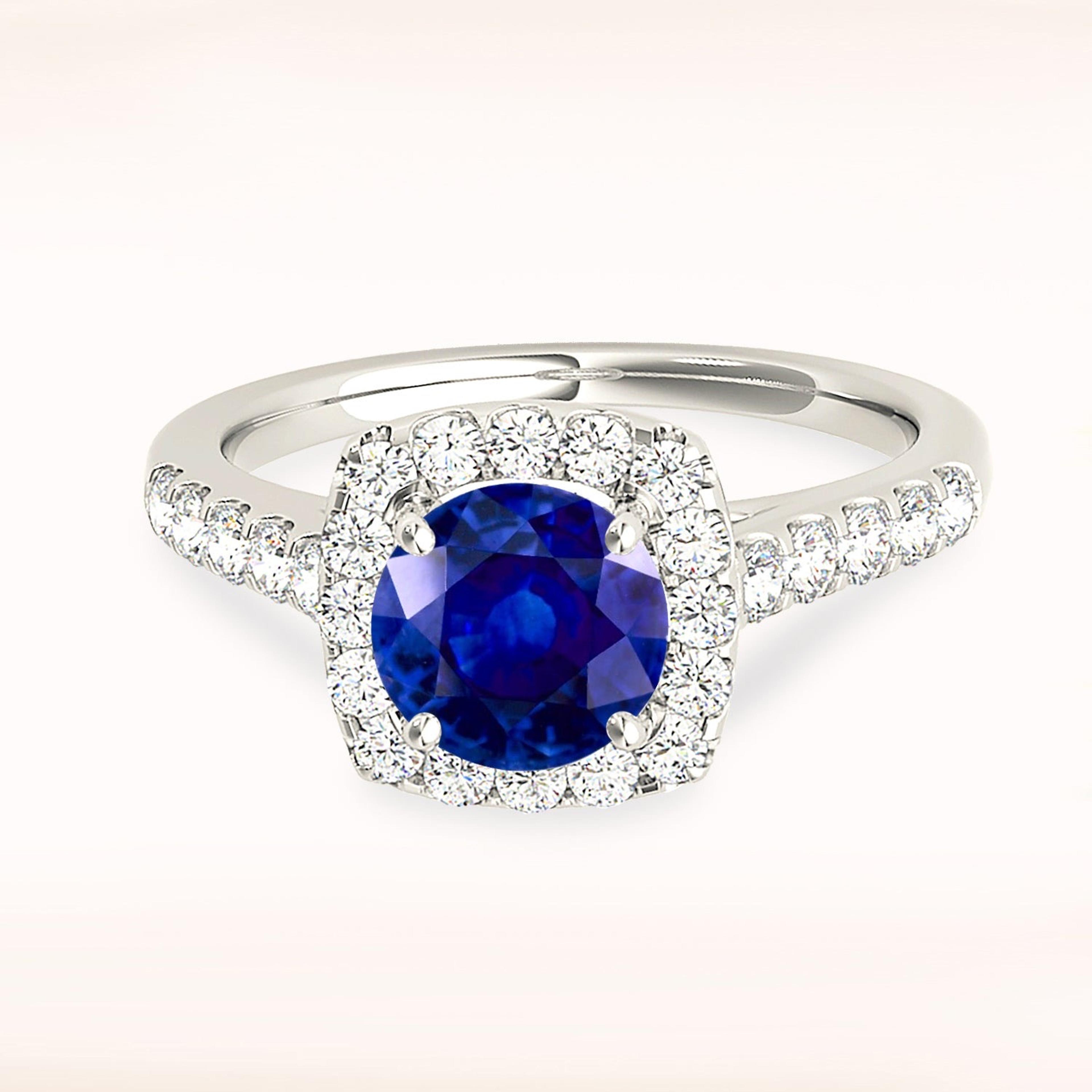 1.80 ct. Genuine Blue Sapphire Halo Ring With 0.60 ctw. Side Diamonds-VIRABYANI
