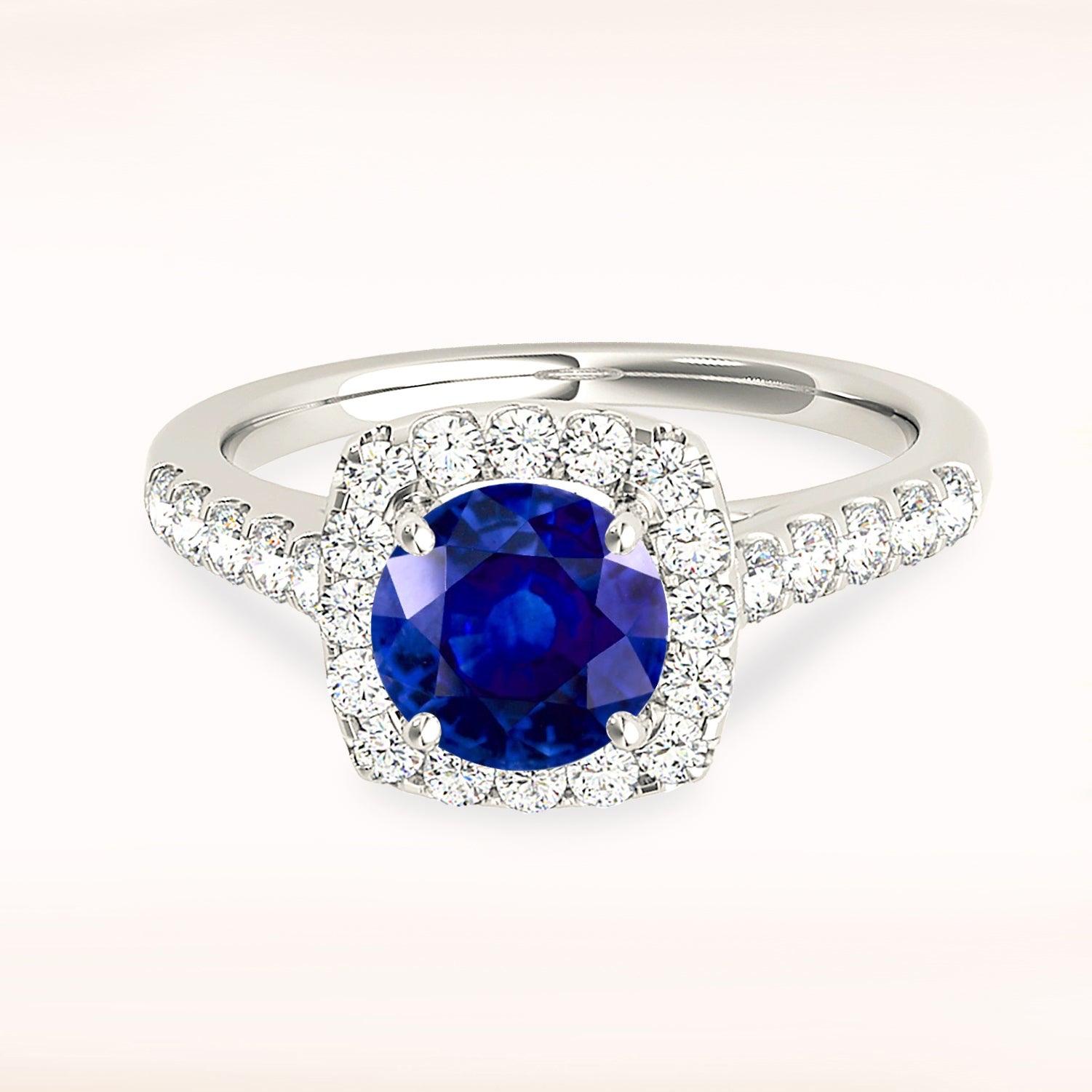 1.80 ct. Genuine Blue Sapphire Halo Ring With 0.60 ctw. Side Diamonds-VIRABYANI
