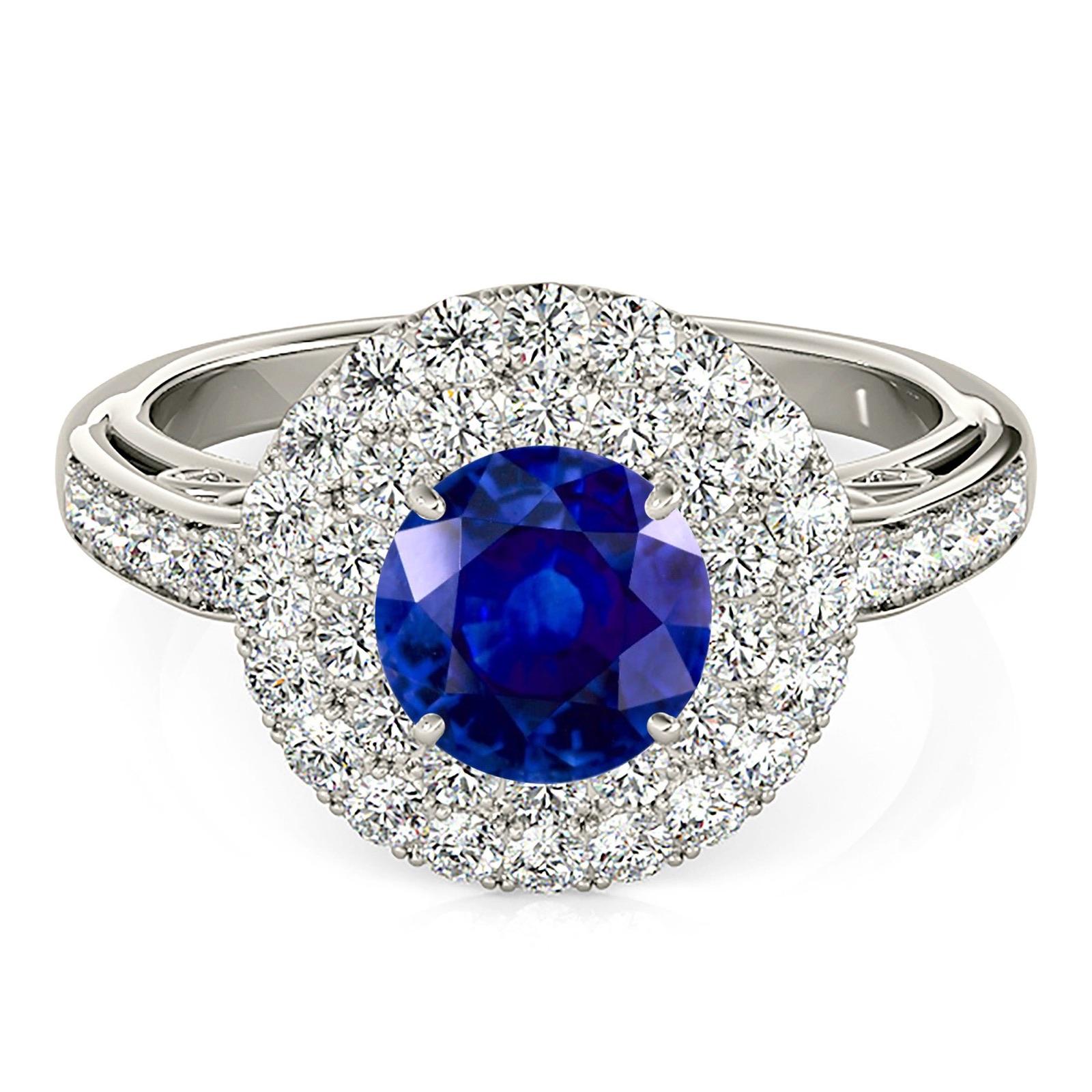 1.35 ct. Genuine Blue Sapphire 3D Pave Set Halo Ring with 1.00 ctw. Diamonds-VIRABYANI