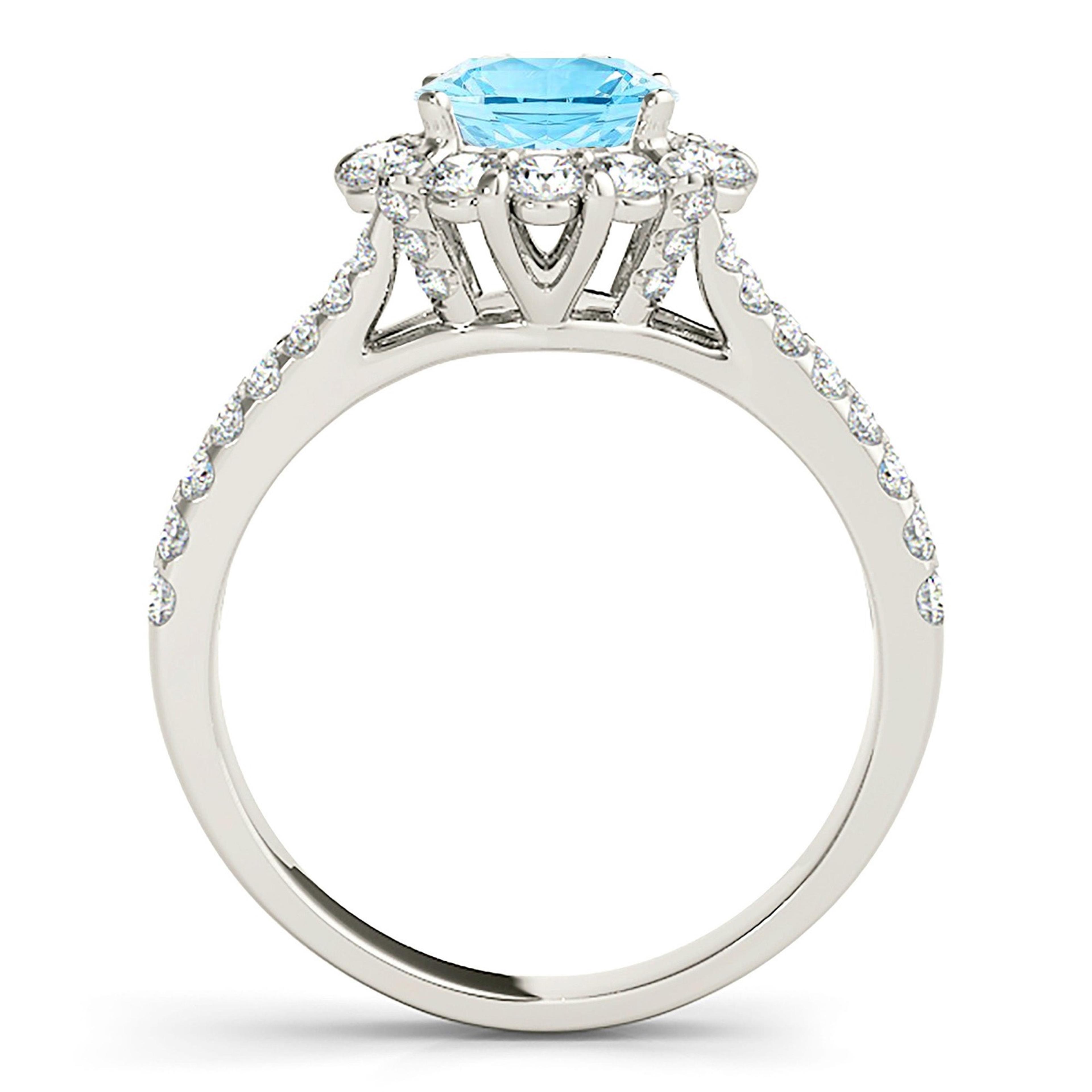 1.75 ct. Genuine Aquamarine Ring With 0.90 ctw. Diamond Halo And Small V Shape Split Diamond Band | Round Blue Aquamarine Halo Ring-VIRABYANI