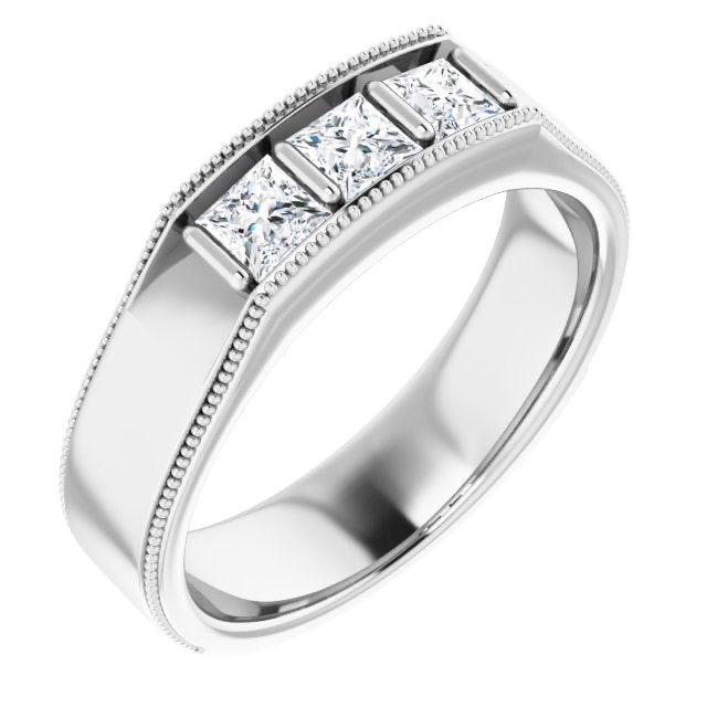 Three Stone 1.0 ctw Bar Set Princess Diamond Men's Ring Milgrain Accent
