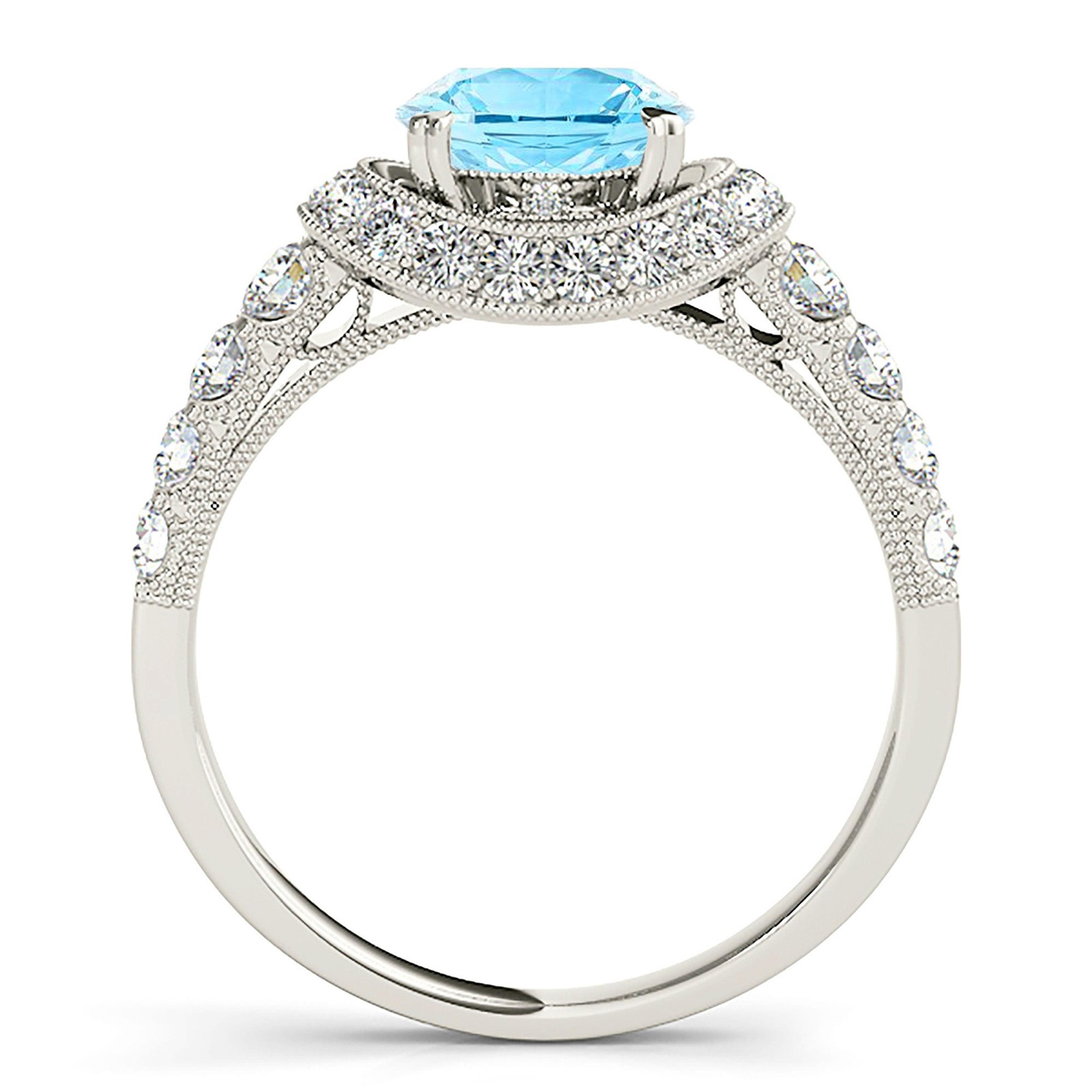 1.10 ct. Genuine Aquamarine Ring With 0.70 ctw. Diamond East-West Oval Halo, MIlgrain Design Diamond Band | Round Blue Aquamarine Halo Ring-VIRABYANI