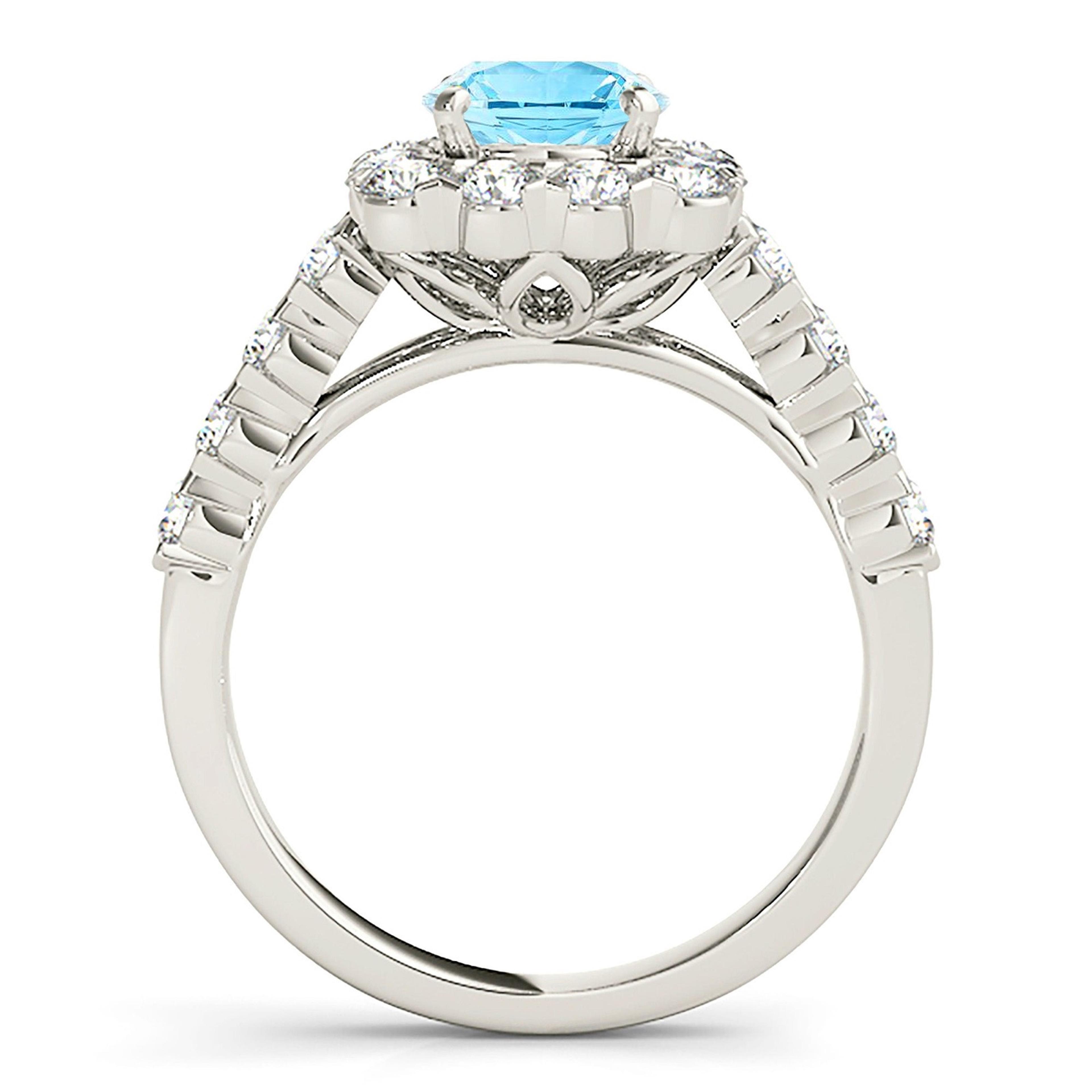 2.00 ct. Genuine Aquamarine Ring With 1.35 ctw. Diamond Cushion Halo And Scalloped Diamond Band-VIRABYANI