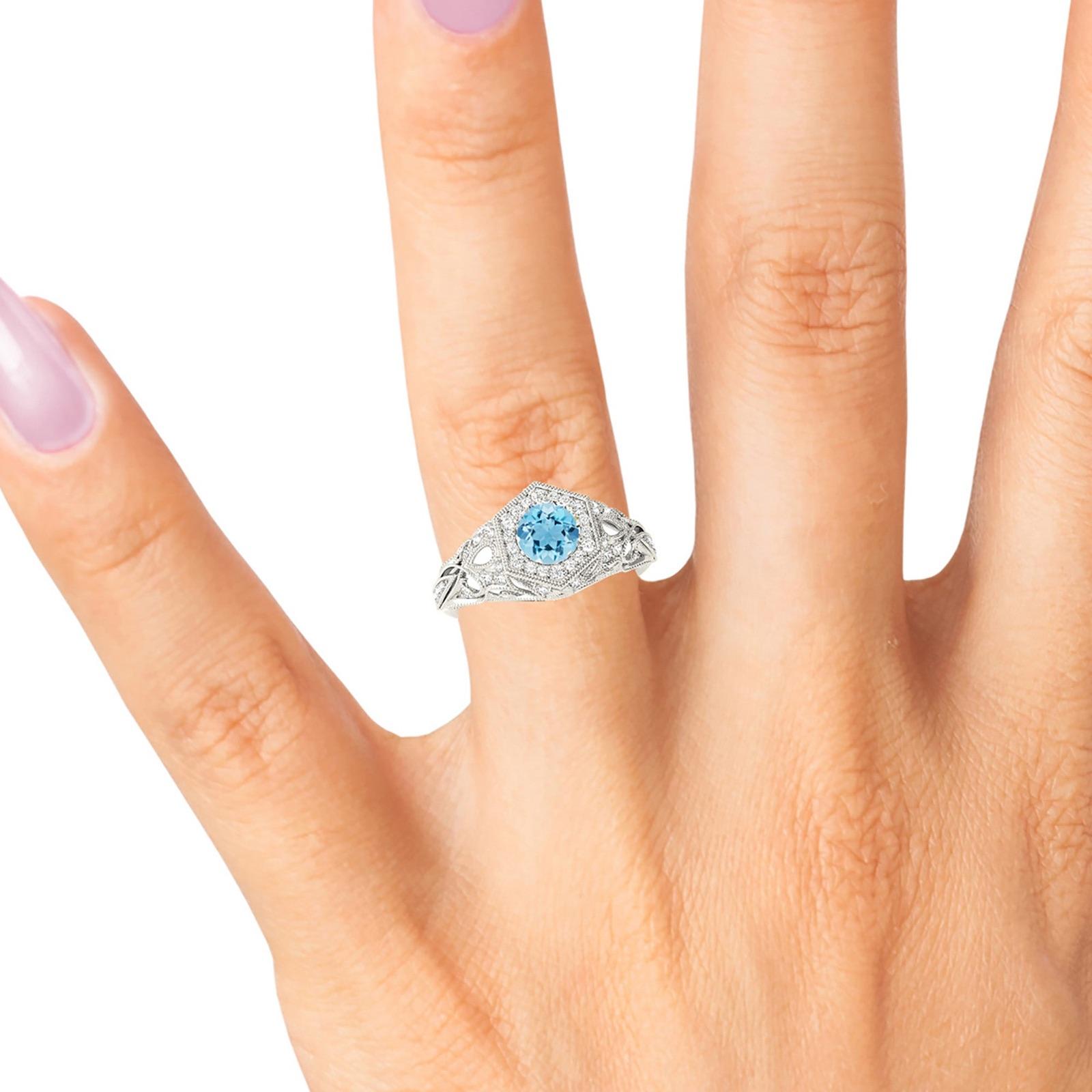 1.10 ct. Genuine Aquamarine Ring With 0.35 ctw. Diamond Milgrain Halo, Graduating Filigree Diamond Fancy Band | Round Blue Aquamarine Ring-VIRABYANI