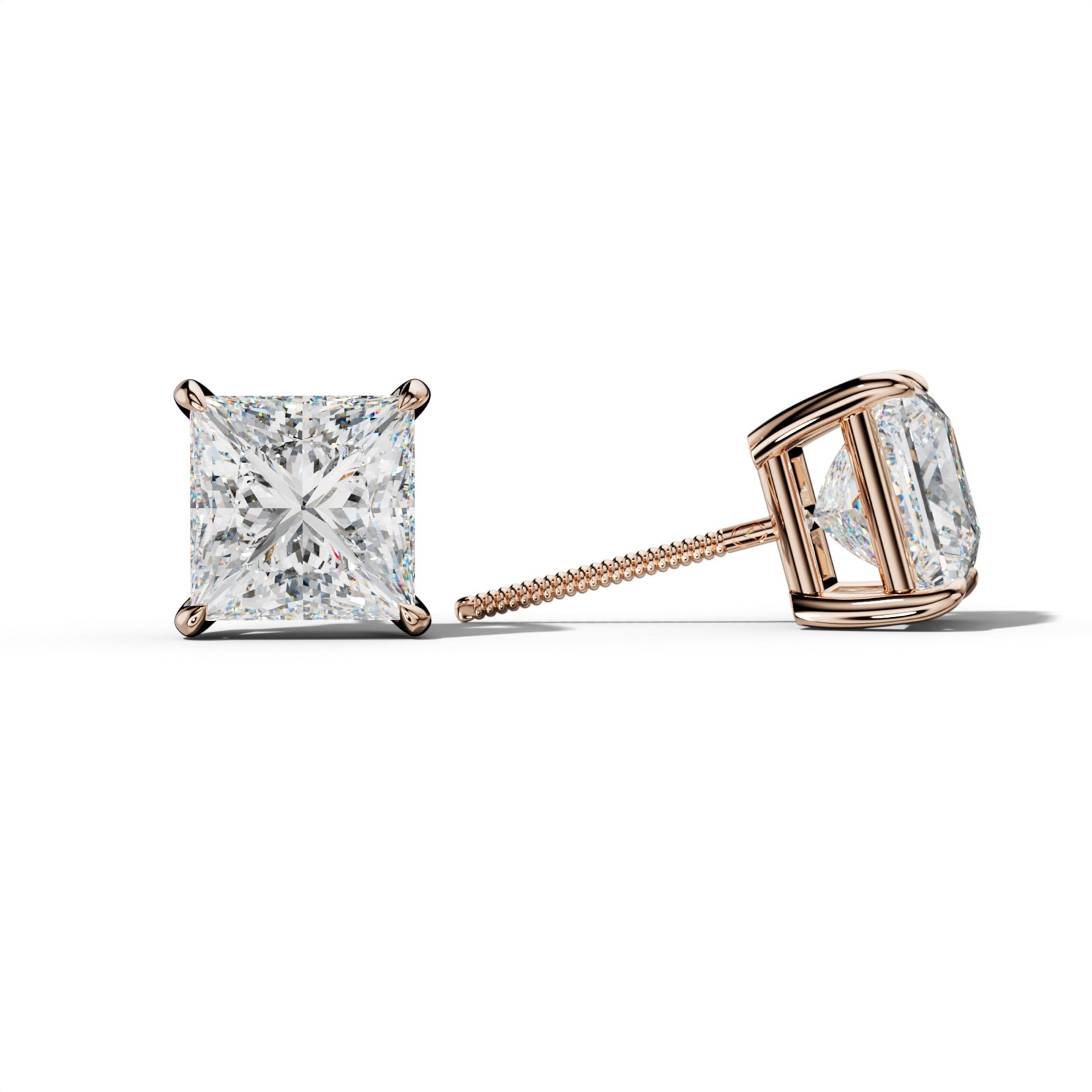 Princess Cut Diamond Stud Earrings With Four Claw Prongs