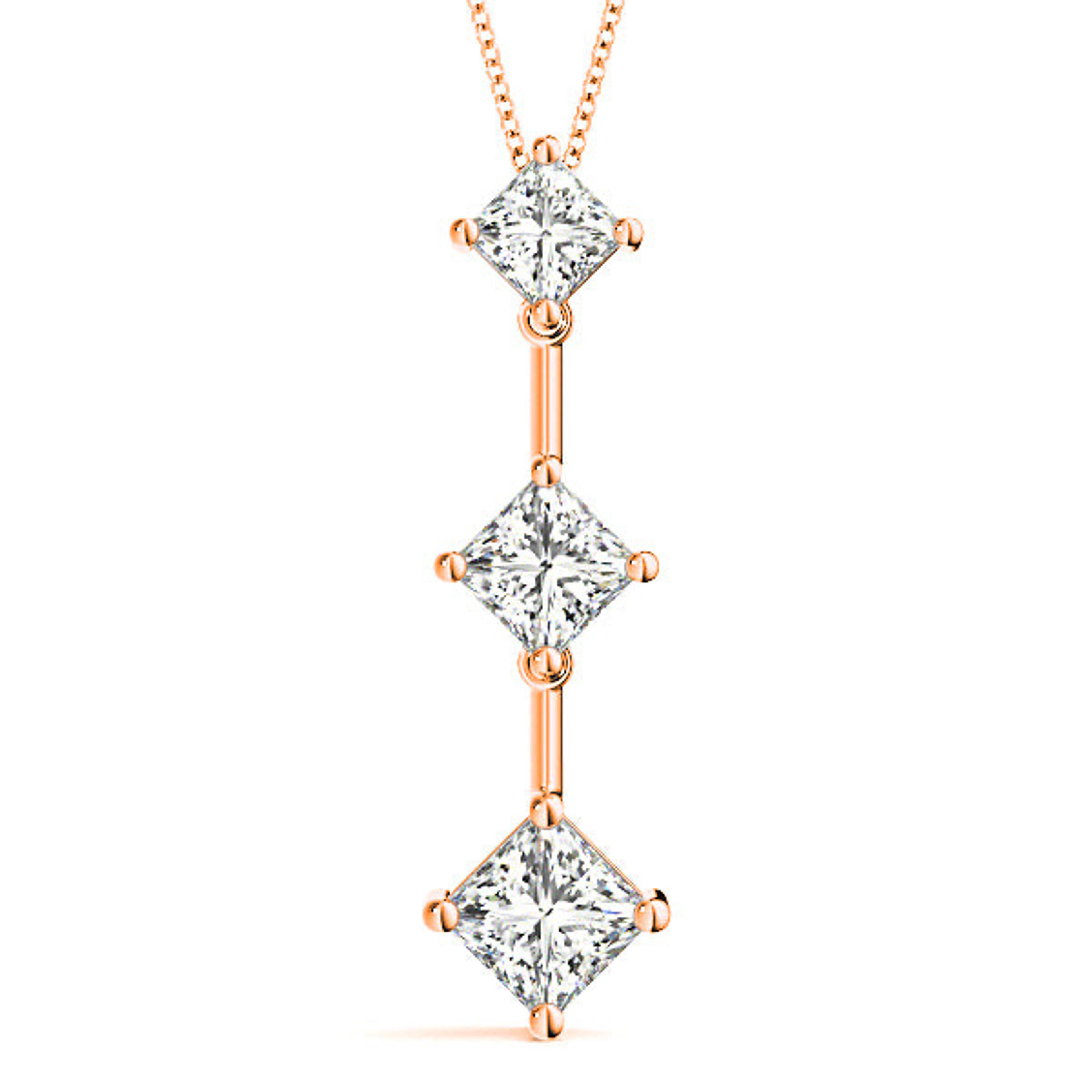 1.00 ctw Graduated Princess Cut Diamond Three Stone Necklace Pendant-VIRABYANI