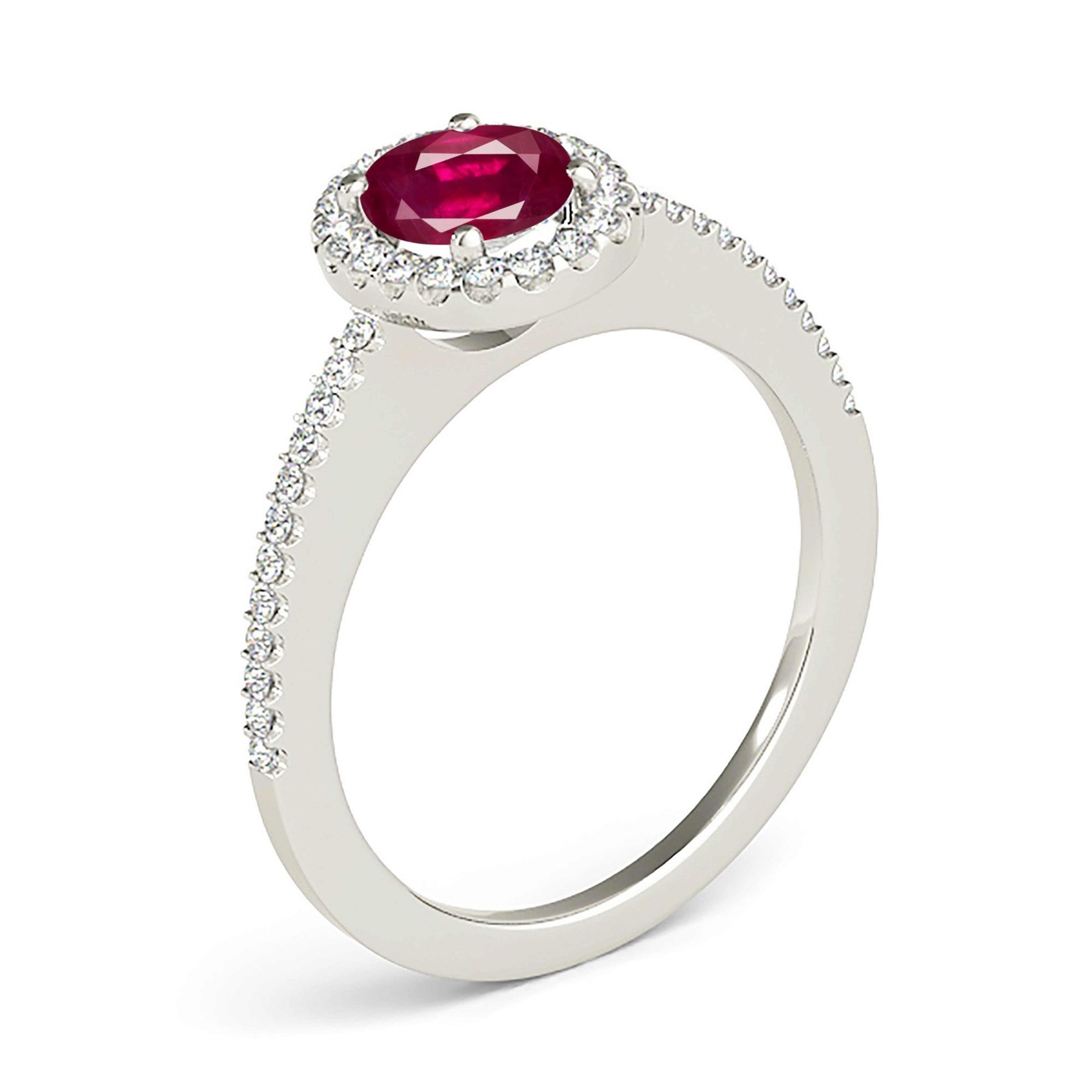 1.00 ct. Genuine Oval Ruby Ring With 0.20 ctw. Diamond Halo And Delicate Diamond Band-VIRABYANI