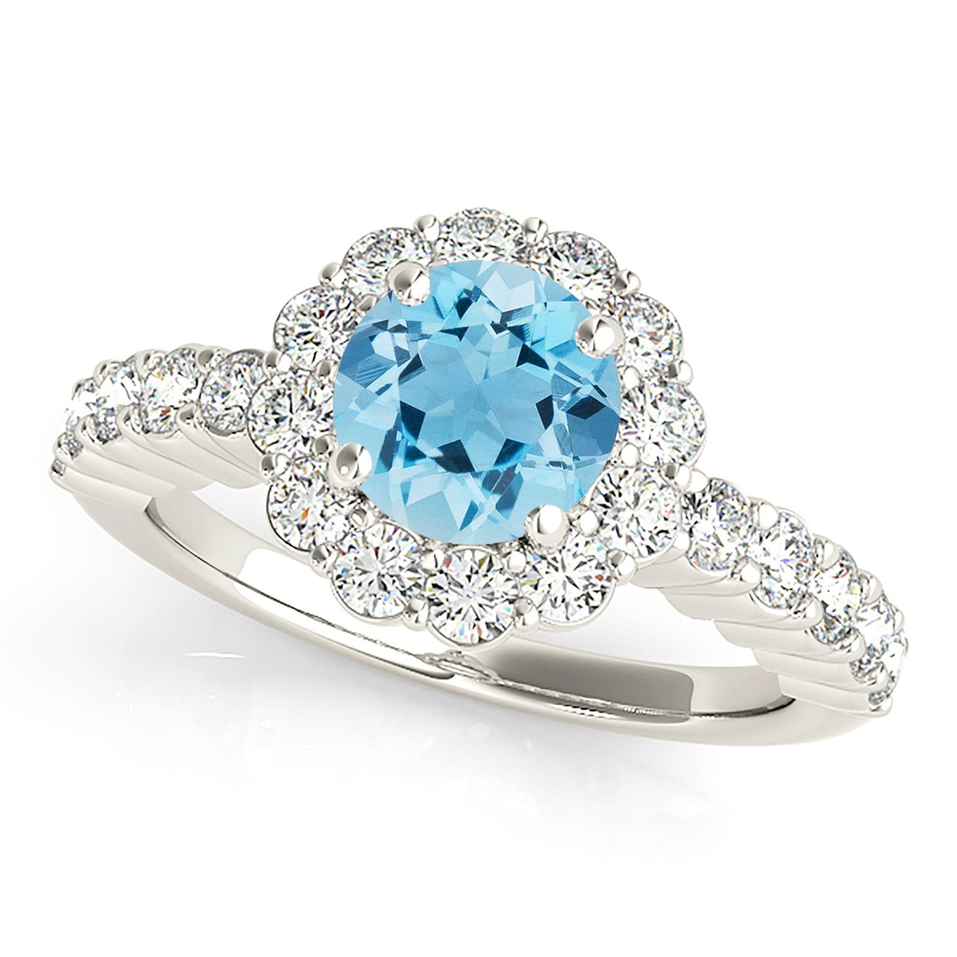 1.10 ct. Genuine Aquamarine Ring With 0.70 ctw. Diamond Floral Halo, Scalloped Diamond Band, Open Gallery | Round Blue Aquamarine Halo Ring-VIRABYANI