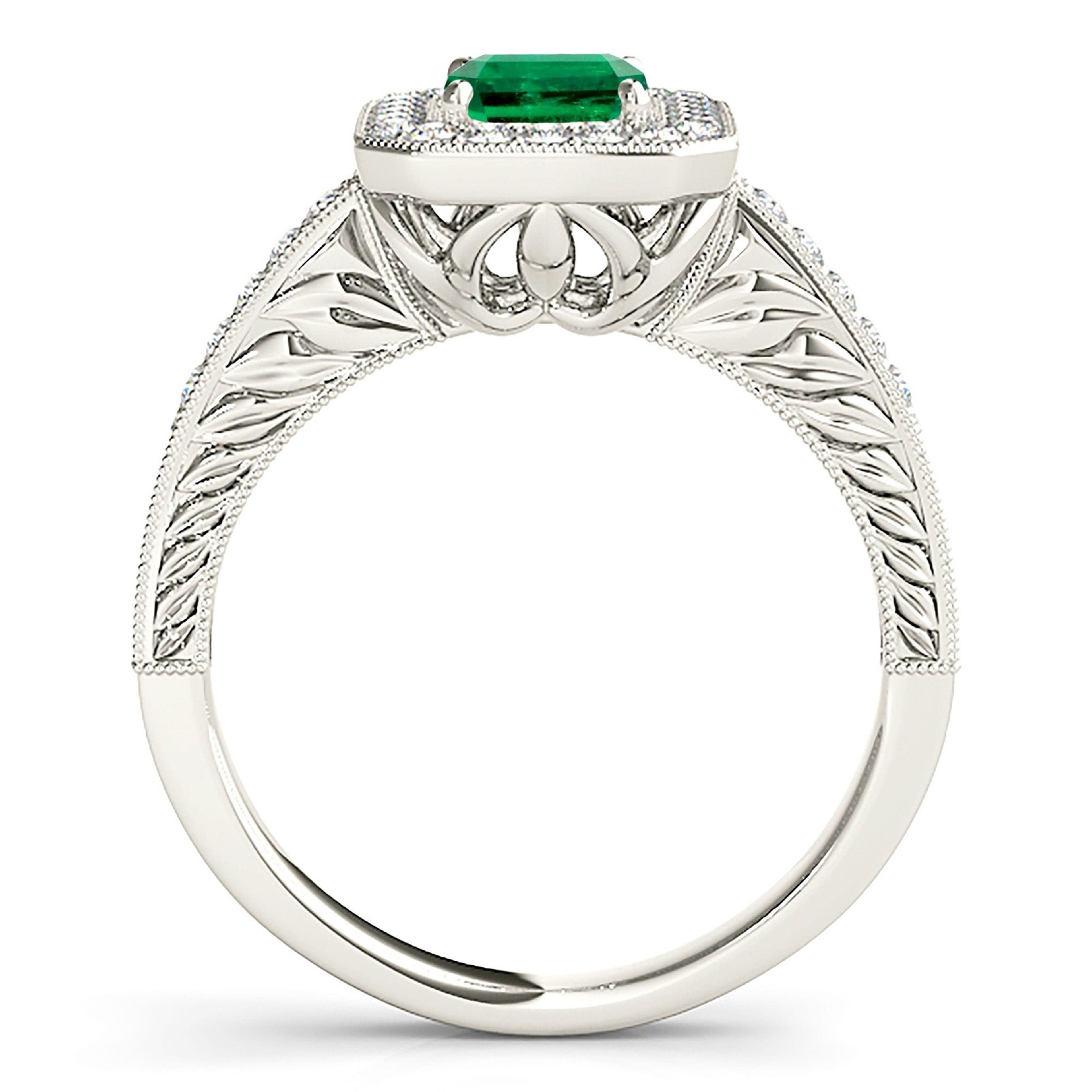 1.00 ct. Genuine Emerald Ring With 0.35 ctw. Channel Set Diamond Halo and Diamond Thin Shank-VIRABYANI