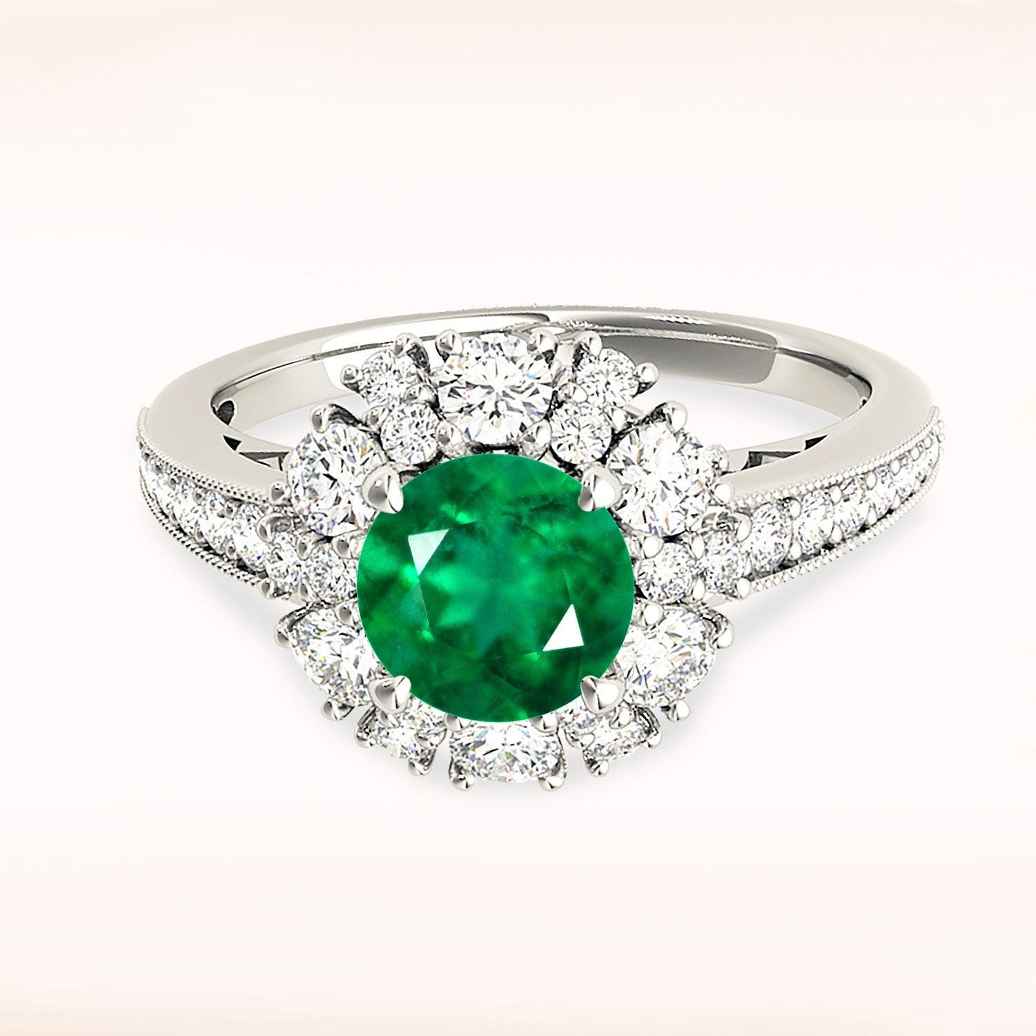 1.75 ct. Genuine Emerald Ring With 1.00 ctw. Diamond Halo and Floral Basket-VIRABYANI