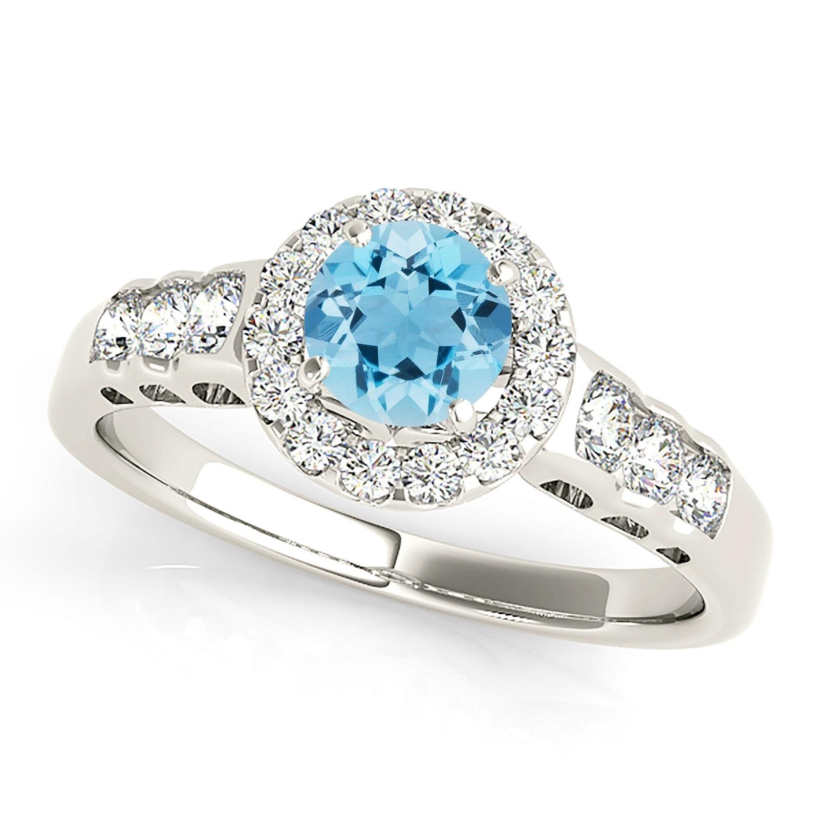 1.10 ct. Genuine Aquamarine Ring With 0.50 ctw. Diamond Halo, Diamond Band, Open Leaf Shape Design Sides | Round Blue Aquamarine Halo Ring-VIRABYANI