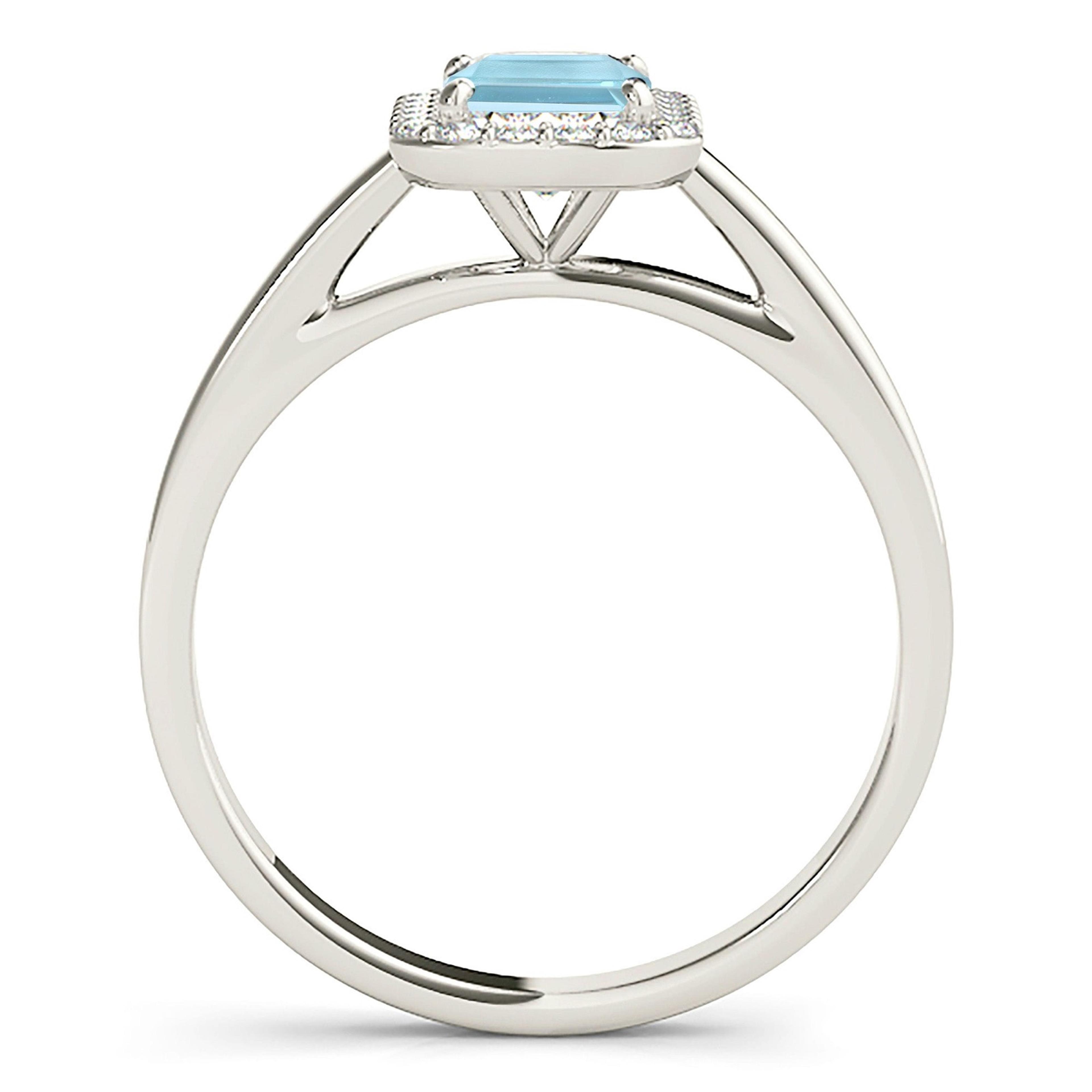 1.00 ct. Genuine Emerald Cut Aquamarine Ring With 0.20 ctw. Diamond Halo And Solid Gold Band | Emerald Cut Blue Aquamarine Halo Ring-VIRABYANI