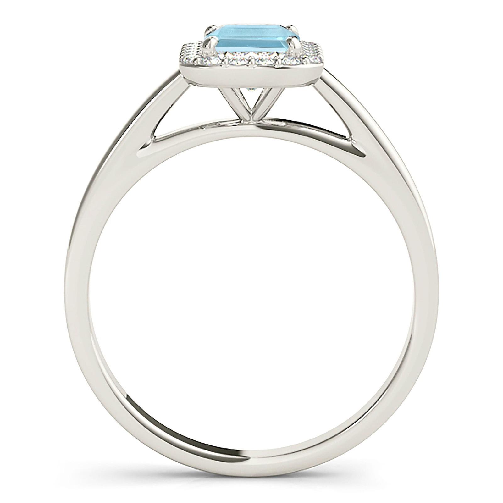1.00 ct. Genuine Emerald Cut Aquamarine Ring With 0.20 ctw. Diamond Halo And Solid Gold Band | Emerald Cut Blue Aquamarine Halo Ring-VIRABYANI