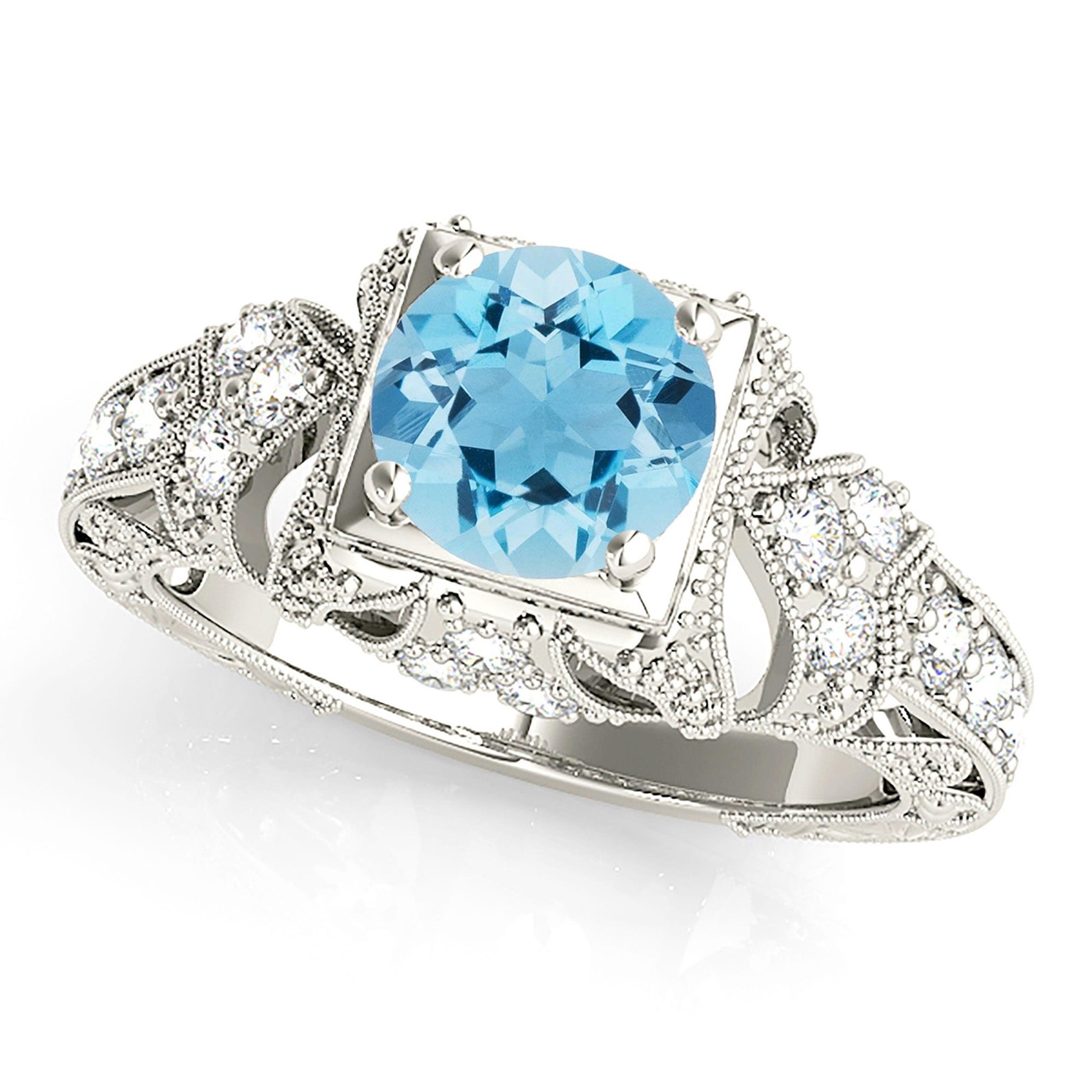 1.10 ct. Genuine Aquamarine Ring With 0.20 ctw. Diamond Filigree and Milgrain Design Fancy Band | Round Blue Aquamarine Halo Ring-VIRABYANI