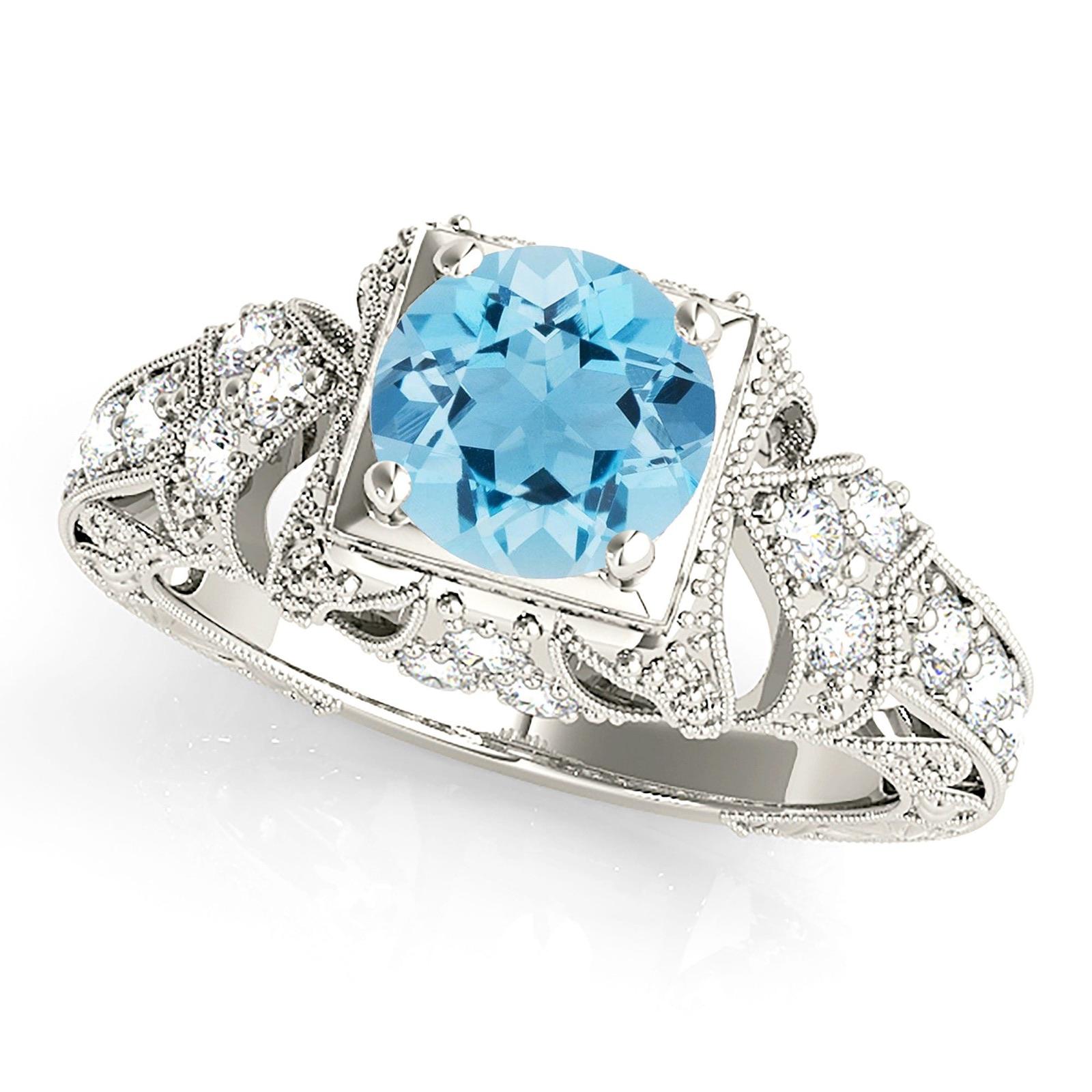 1.10 ct. Genuine Aquamarine Ring With 0.20 ctw. Diamond Filigree and Milgrain Design Fancy Band | Round Blue Aquamarine Halo Ring-VIRABYANI