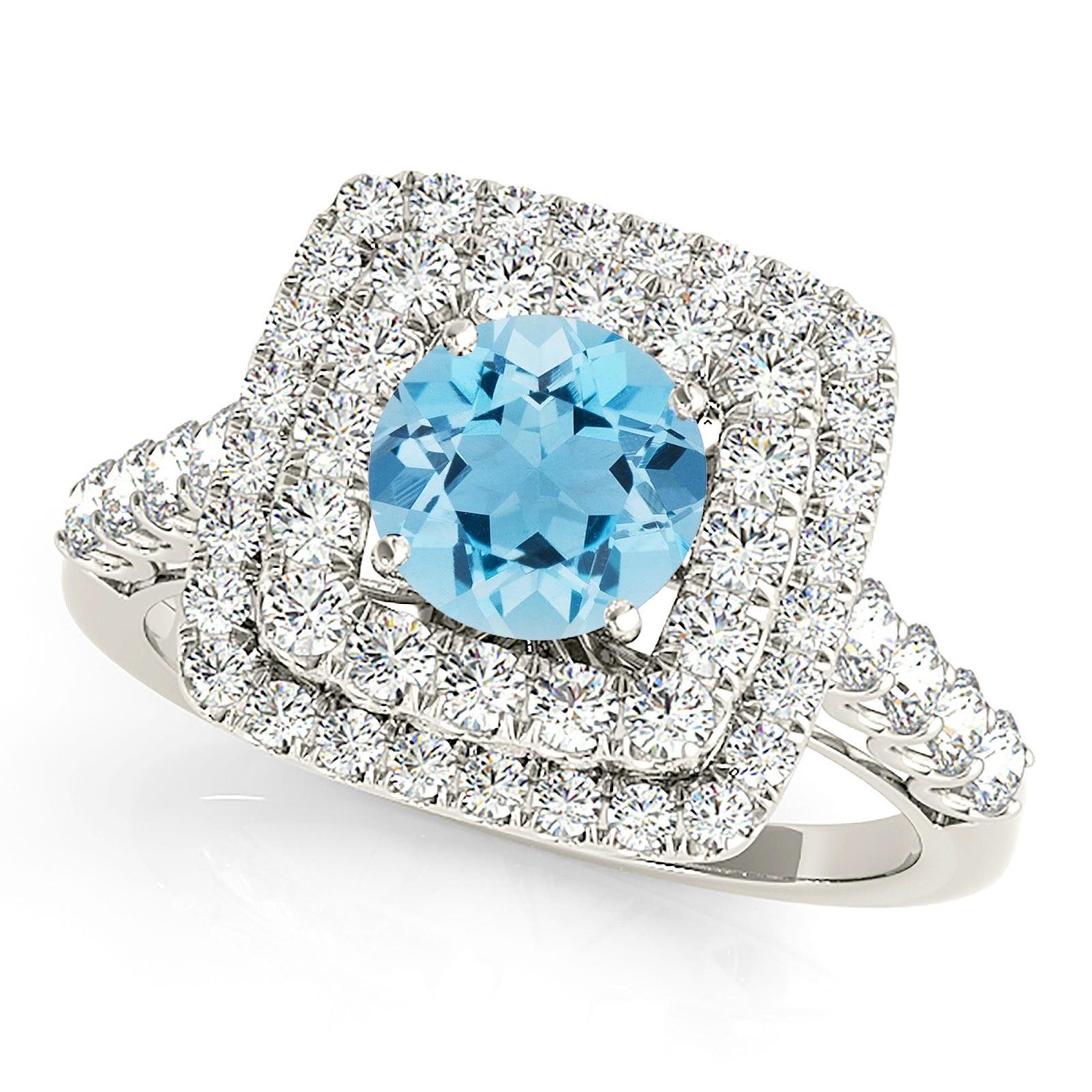 1.10 ct. Genuine Aquamarine Ring With 0.90 ctw. Diamond Double Row Cushion Halo And Thin Diamond Band | Round Blue Aquamarine Halo Ring-VIRABYANI