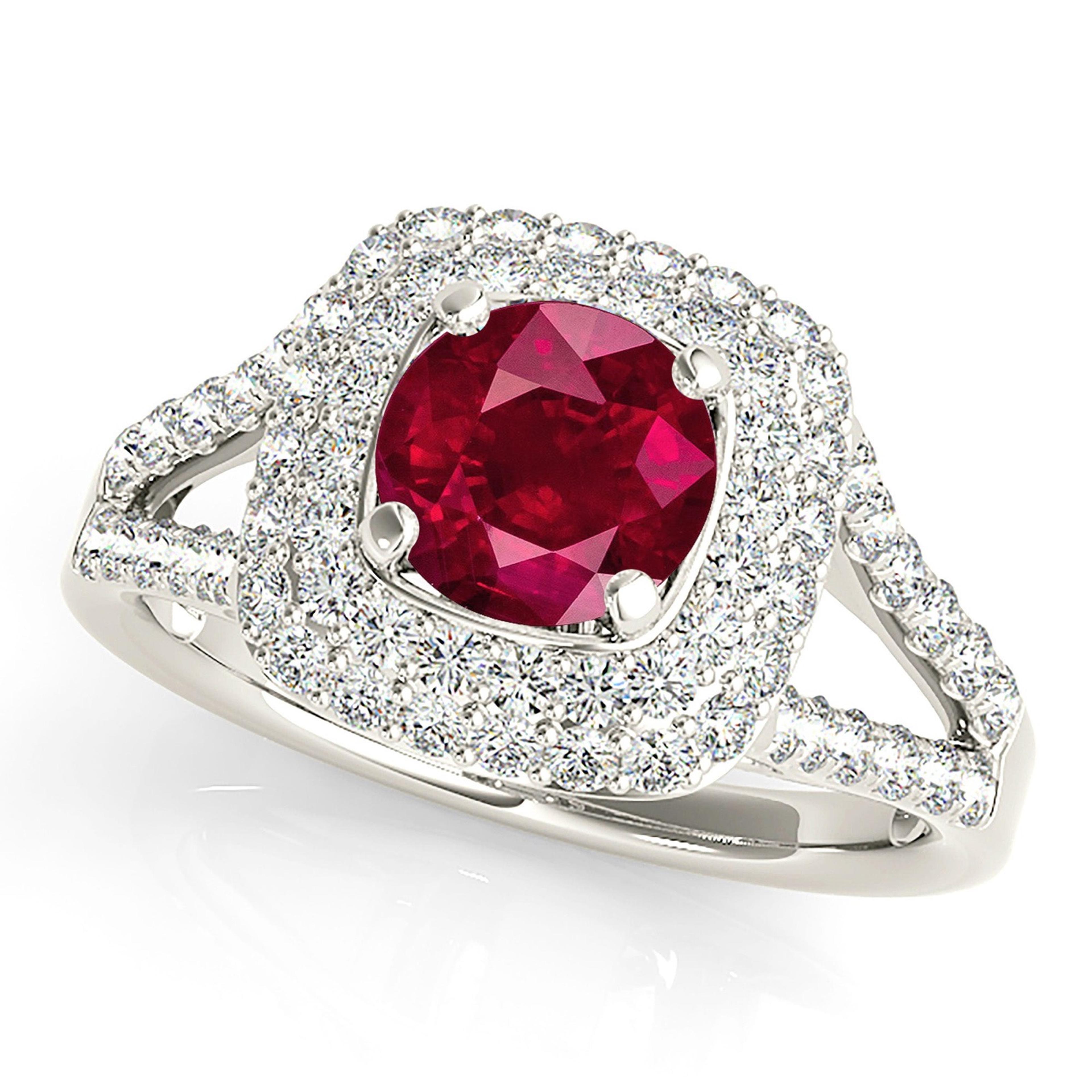 1.35 ct. Genuine Ruby Ring with 0.70 ctw. Diamond Double Row Halo And Split V Diamond Shank-VIRABYANI