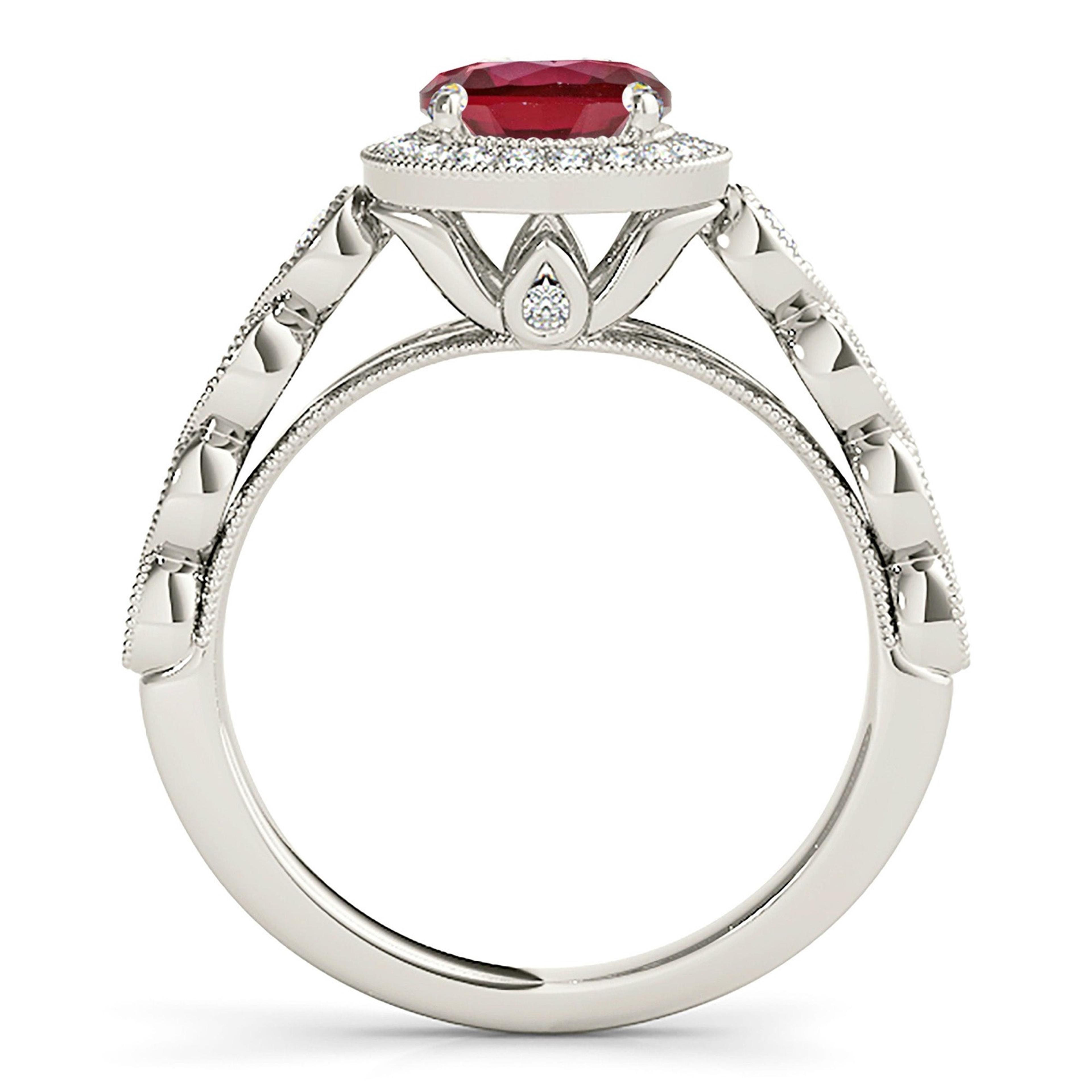 1.35 ct. Genuine Ruby Ring With Halo,Swirly Milgrain Diamond Band
