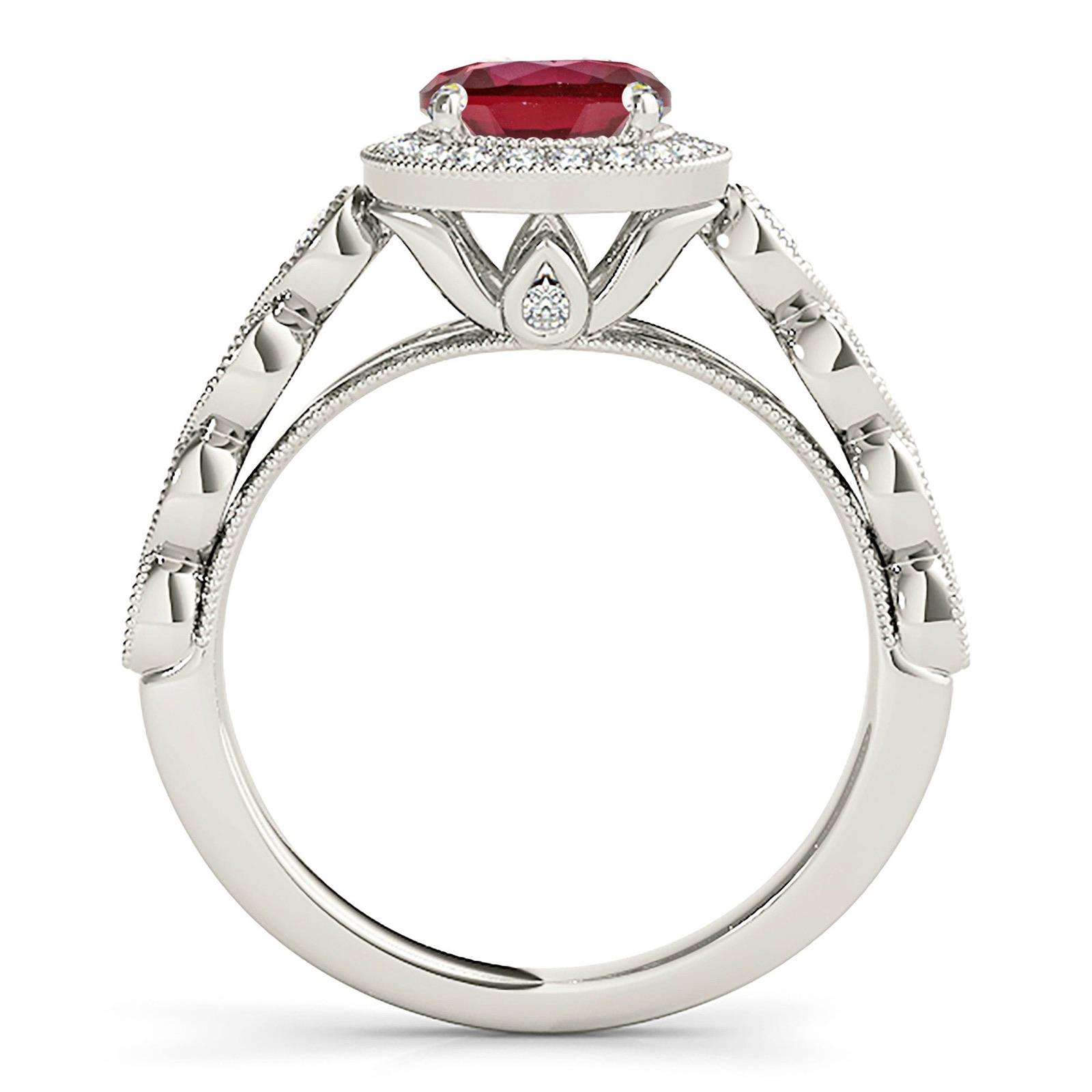 1.35 ct. Genuine Ruby Ring With Halo,Swirly Milgrain Diamond Band