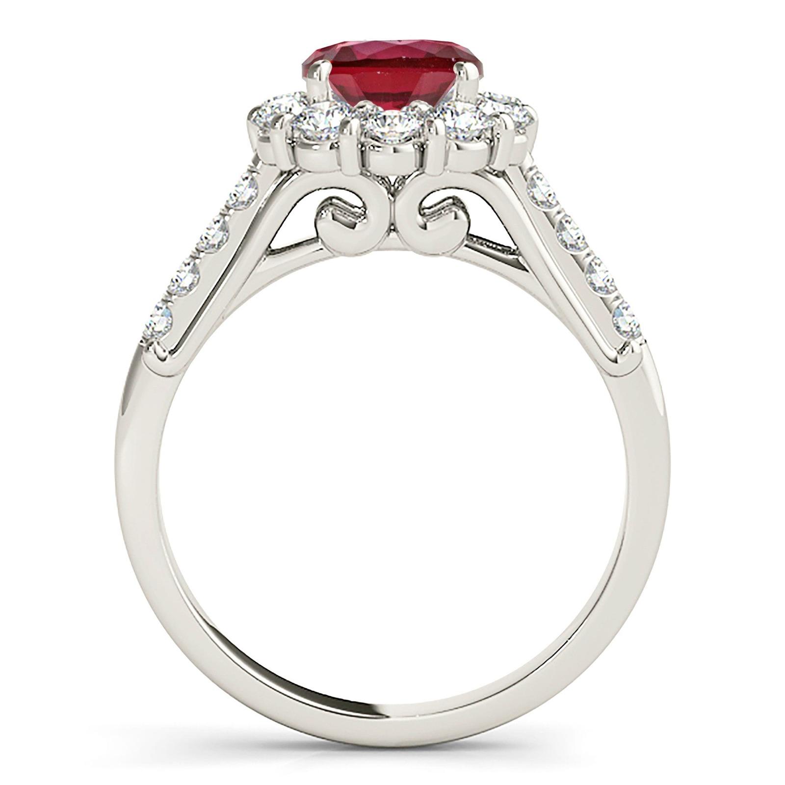 1.79 ct. Genuine Ruby Ring With 1.00 ctw. Diamond Halo And Delicate Diamond Band, Swirl Design Bridge-VIRABYANI