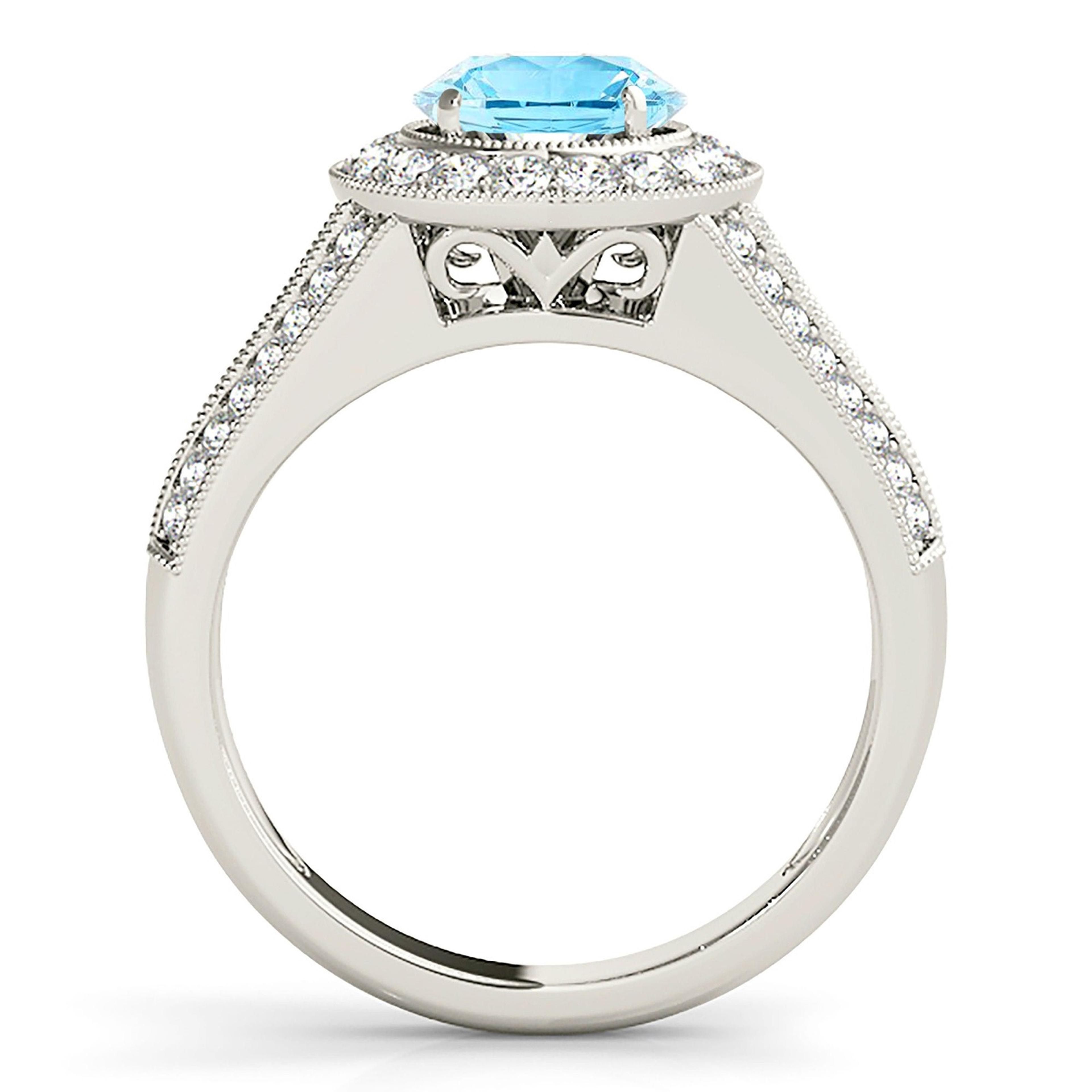 1.10 ct. Genuine Aquamarine Ring With 0.70 ctw. Diamond Milgrain Halo And Graduating Diamond Shank | Round Blue Aquamarine Halo Ring-VIRABYANI