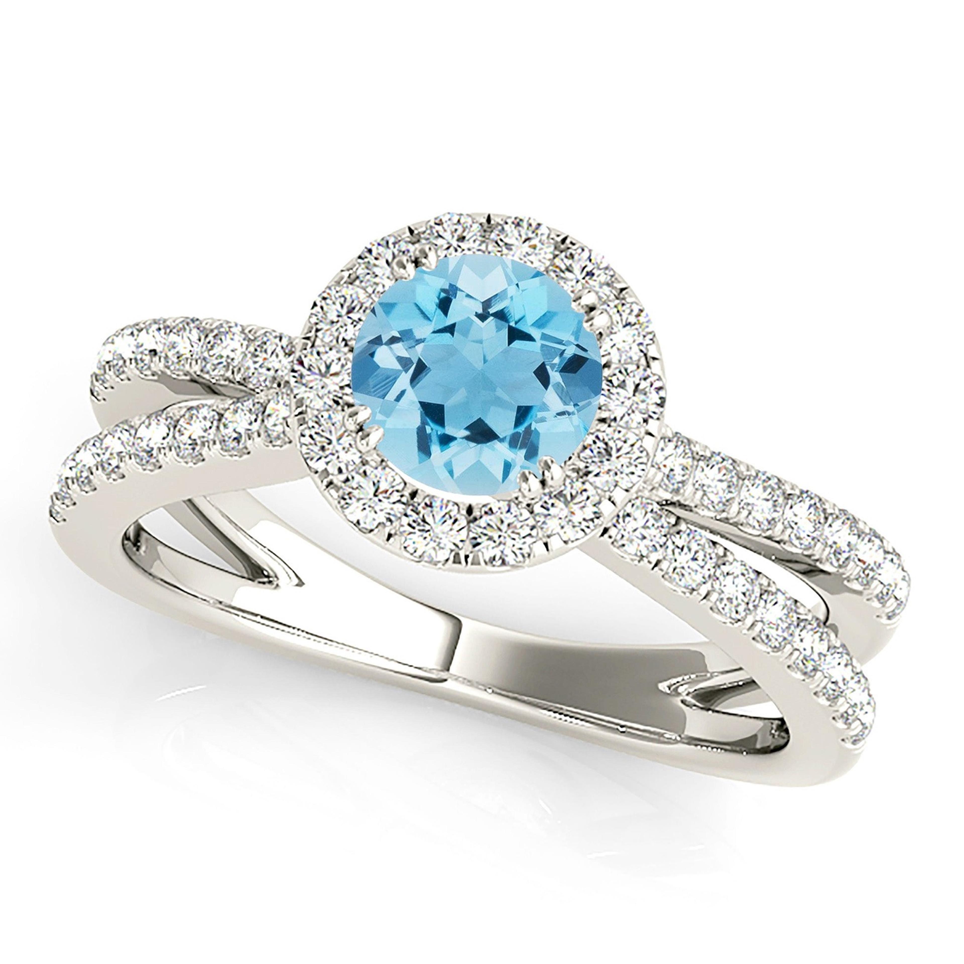 1.10 ct. Genuine Aquamarine Ring With 0.50 ctw. Diamond Halo And Criss-Cross Diamond Band | Round Blue Aquamarine Halo Ring-VIRABYANI