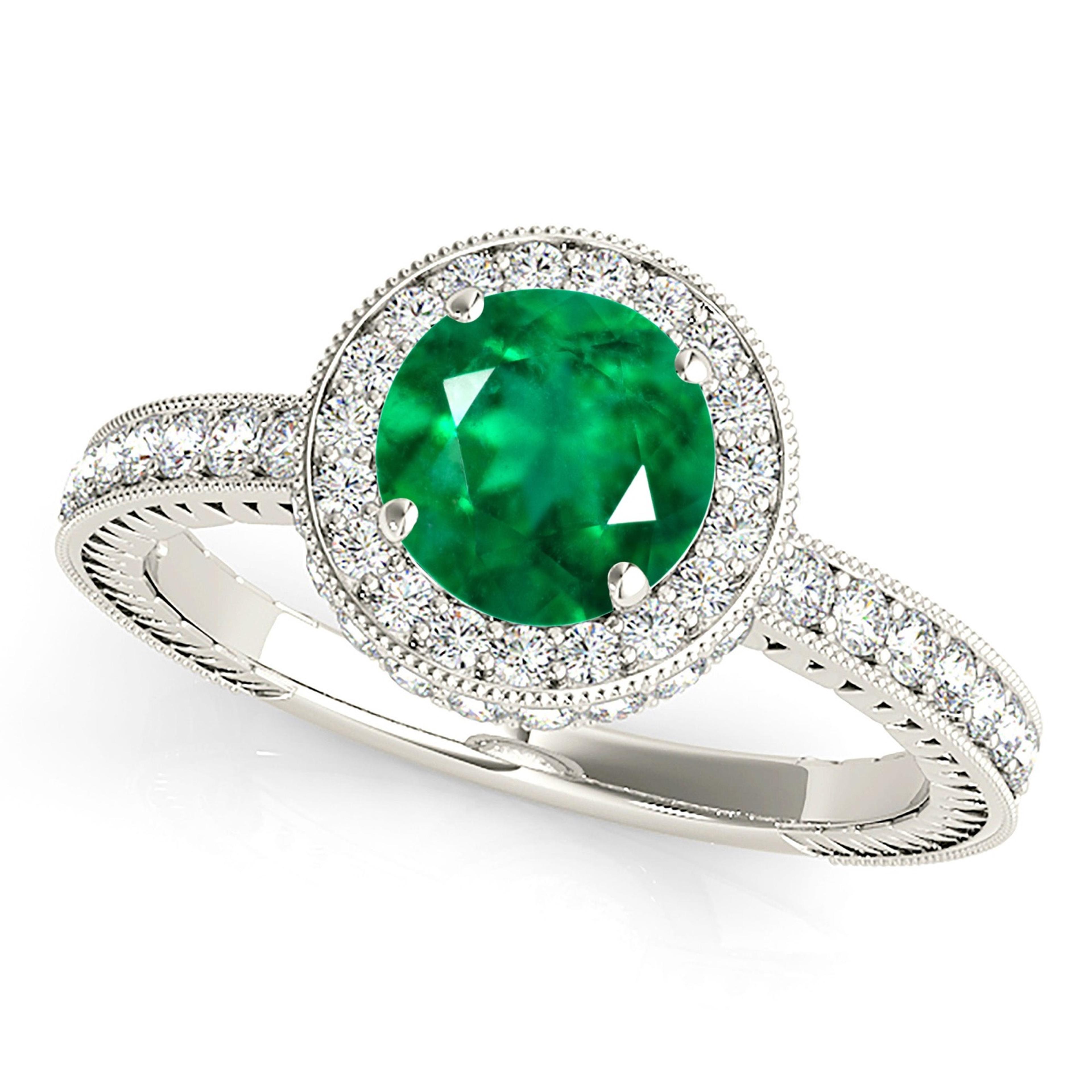1.14 ct. Genuine Emerald and 0.50 ctw. Diamond Halo Gemstone Ring-VIRABYANI