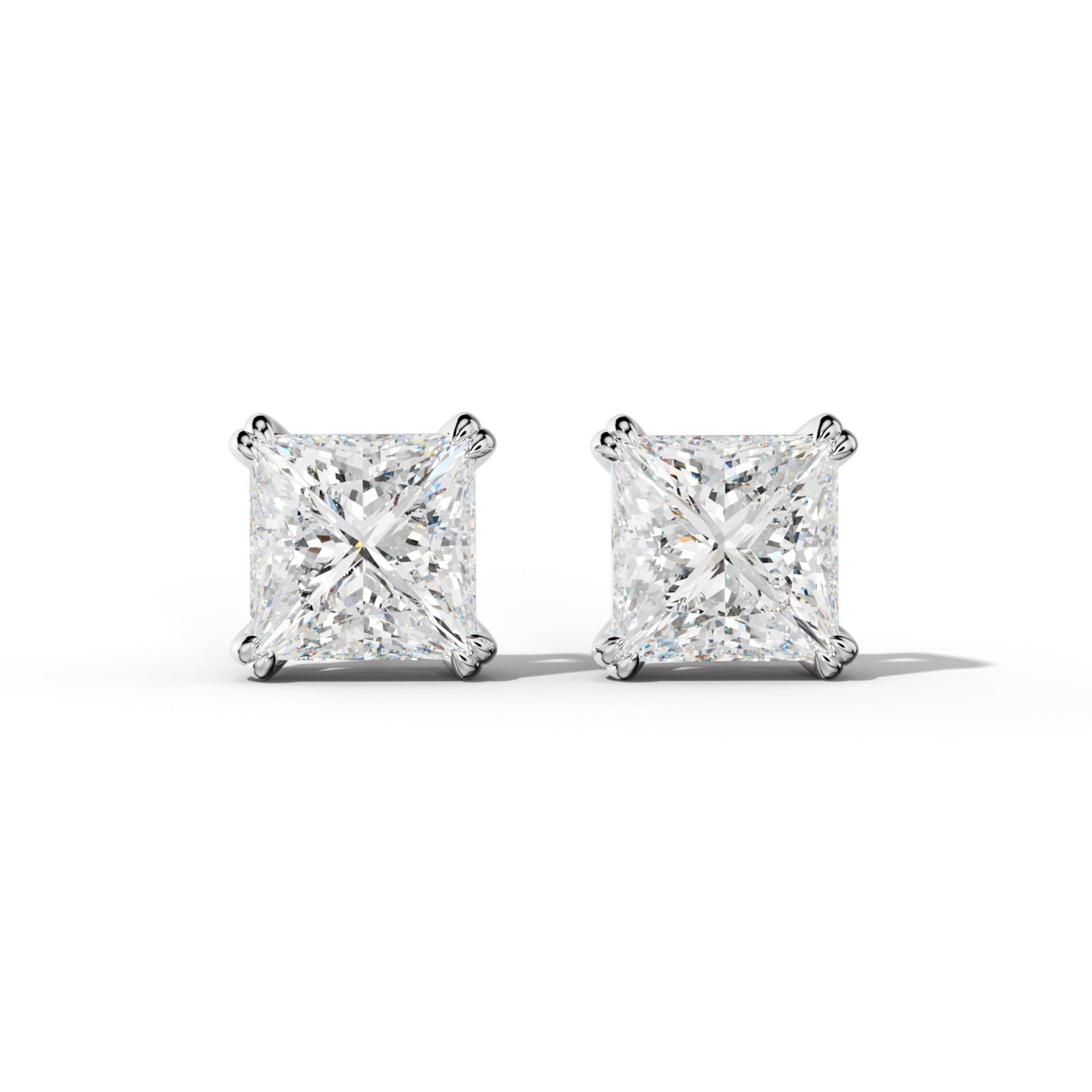 Princess Cut  Diamond Stud Earrings With Claw Double Prongs