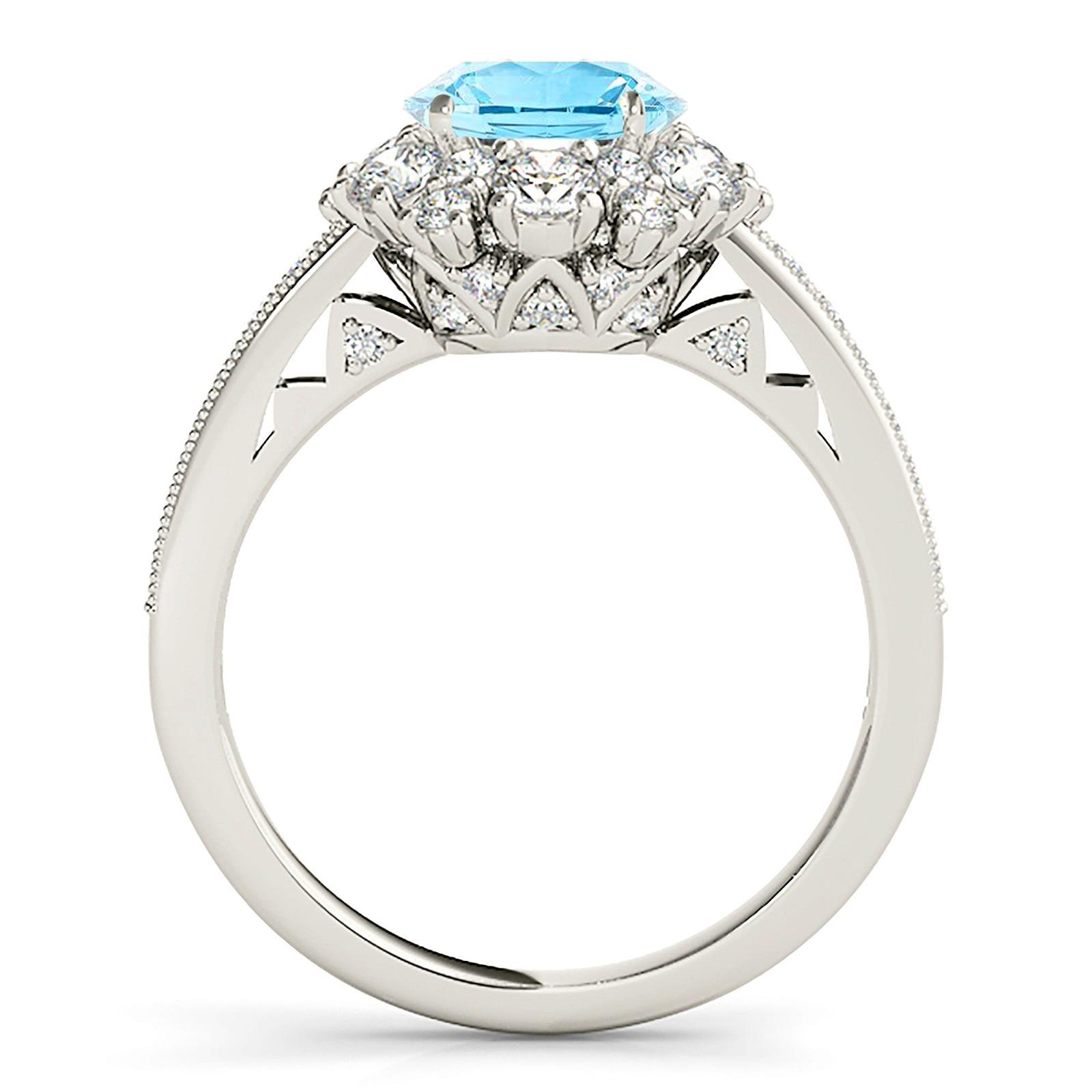1.75 ct. Genuine Aquamarine Ring With 1.00 ctw. Diamond Fancy Halo And delicate Diamond Band,Floral Basket-VIRABYANI