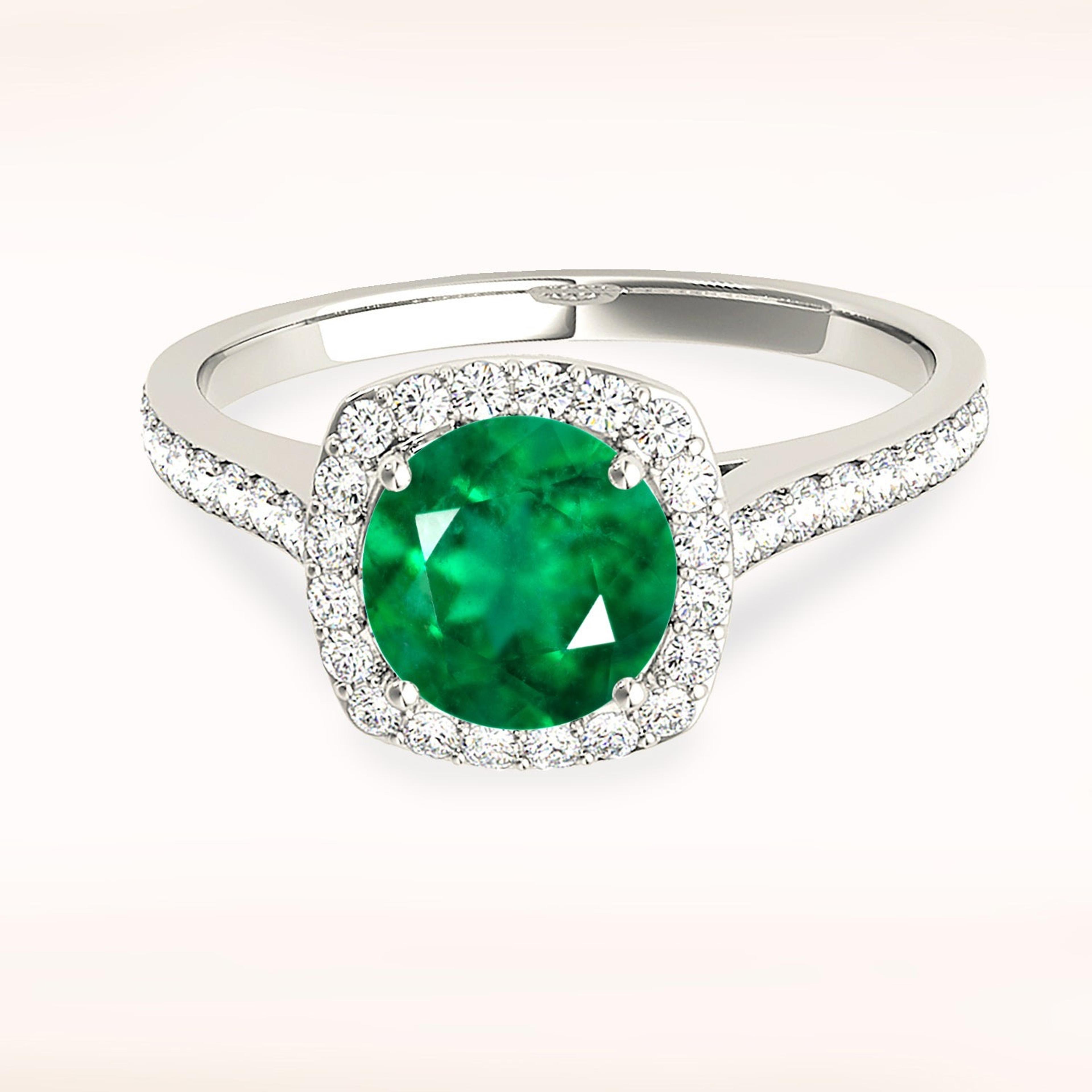 1.68 ct. Genuine Emerald Ring With 0.35 ctw. Diamond Halo and Delicate Diamond Band-VIRABYANI