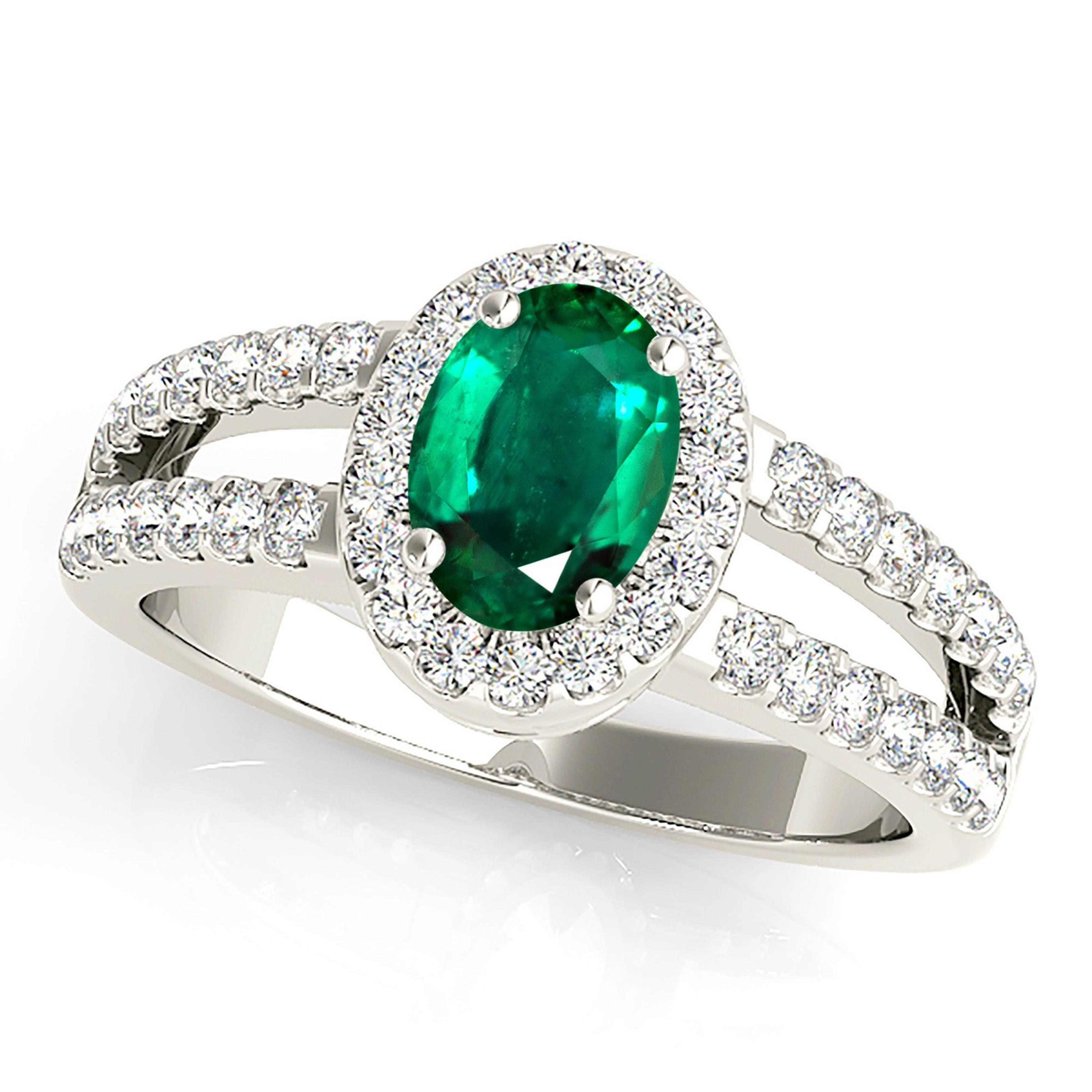 2.00 ct. Genuine Oval Emerald Ring With 0.50 ctw. Diamond Halo and Diamond Split Shank-VIRABYANI