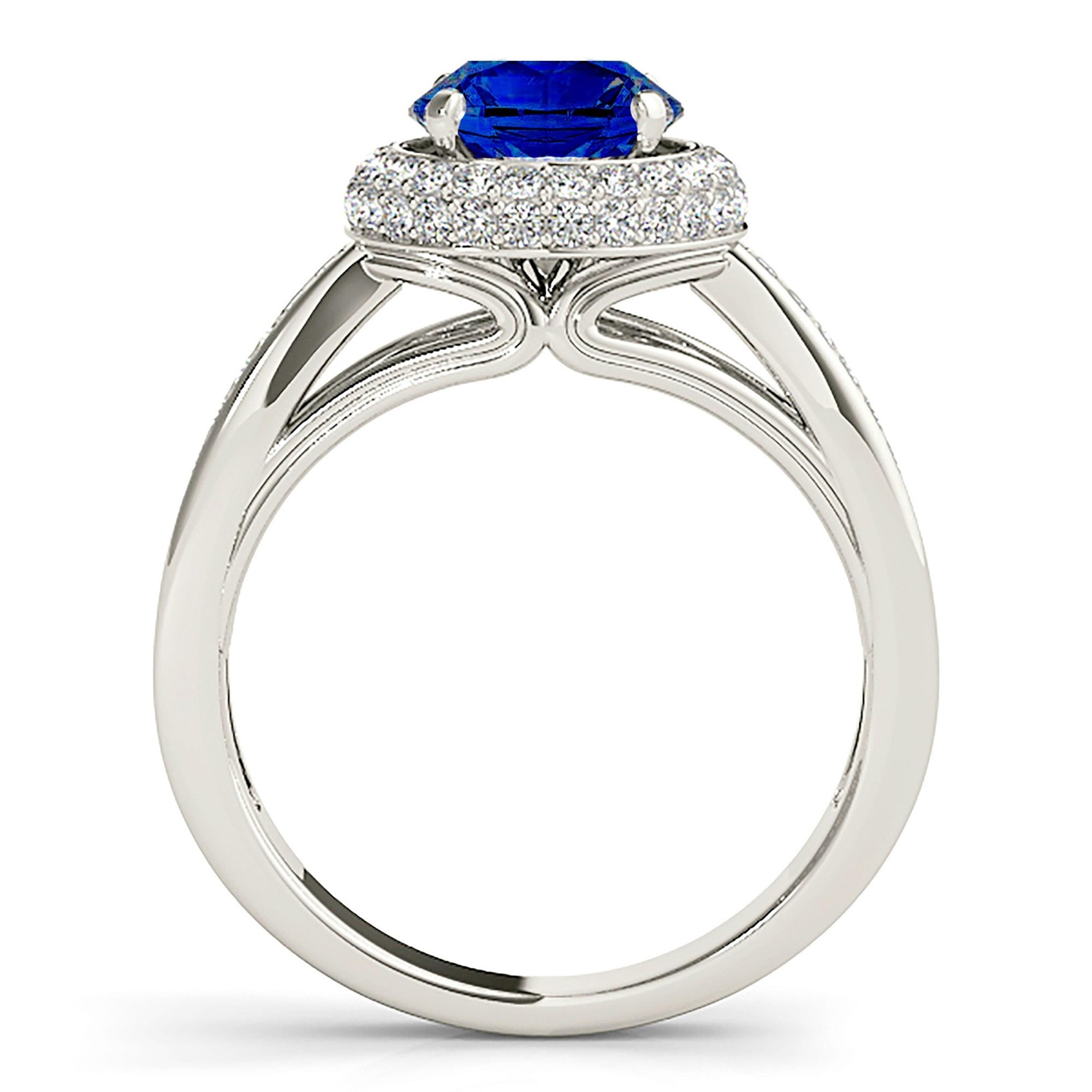 2.41 ct. Genuine Blue Sapphire Halo Ring With Pave Set Double Row 0.50 ctw. Side Diamonds-VIRABYANI