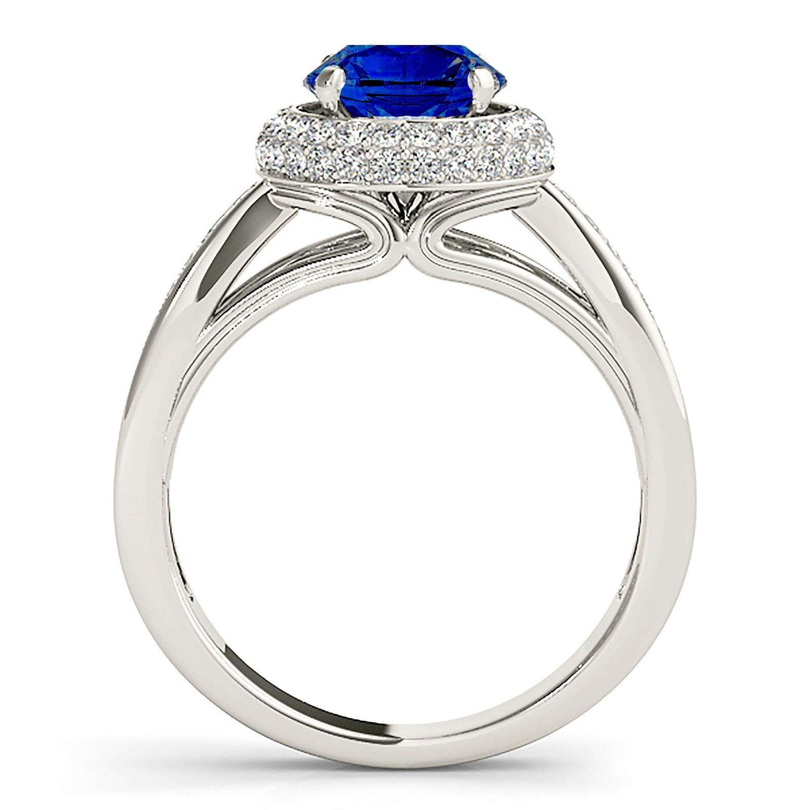 2.41 ct. Genuine Blue Sapphire Halo Ring With Pave Set Double Row 0.50 ctw. Side Diamonds-VIRABYANI