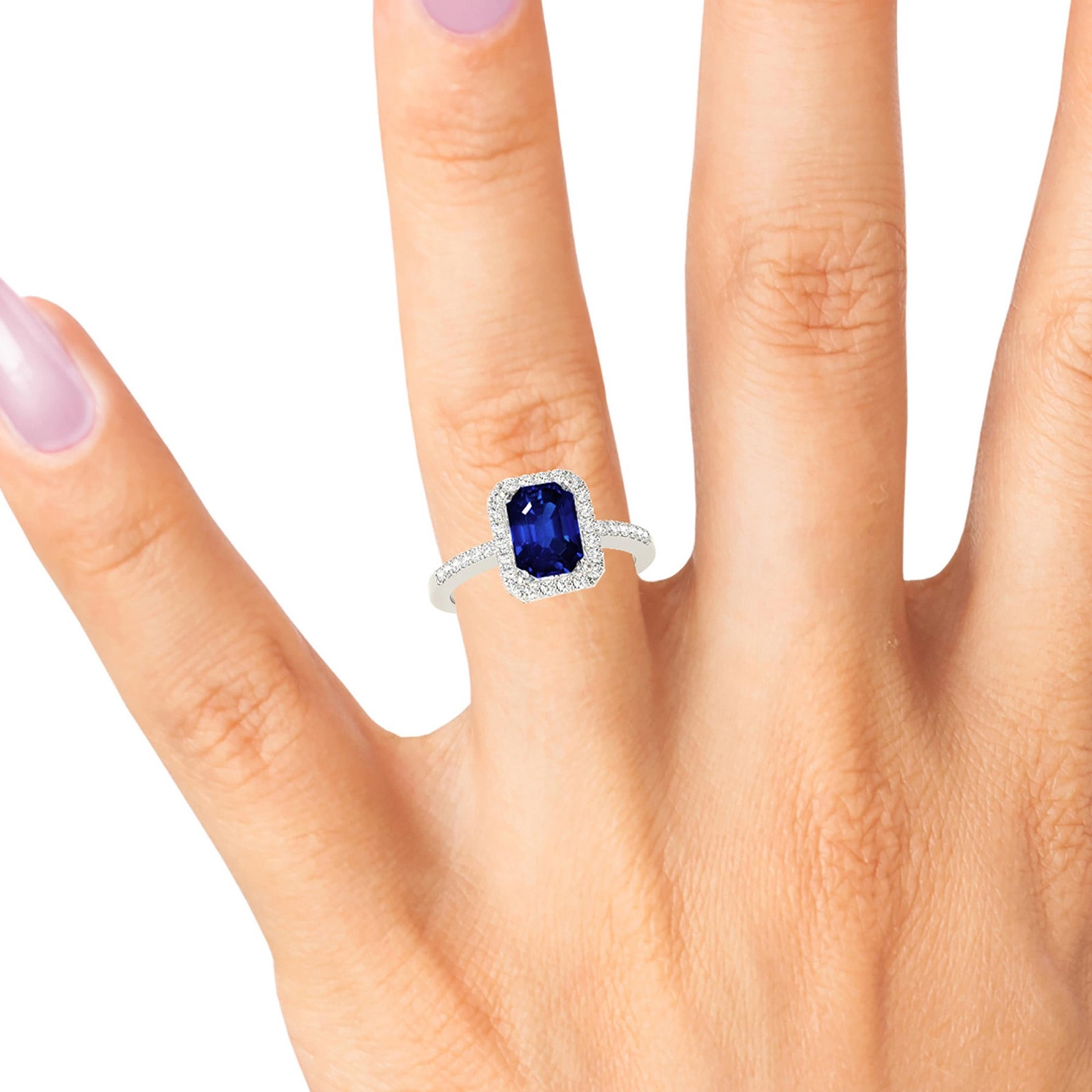 2.30 ct. Genuine Blue, Emerald Cut Sapphire Ring With 0.25 ctw. Diamond Halo, Delicate Diamond Band | Natural Sapphire And Diamond Ring-VIRABYANI