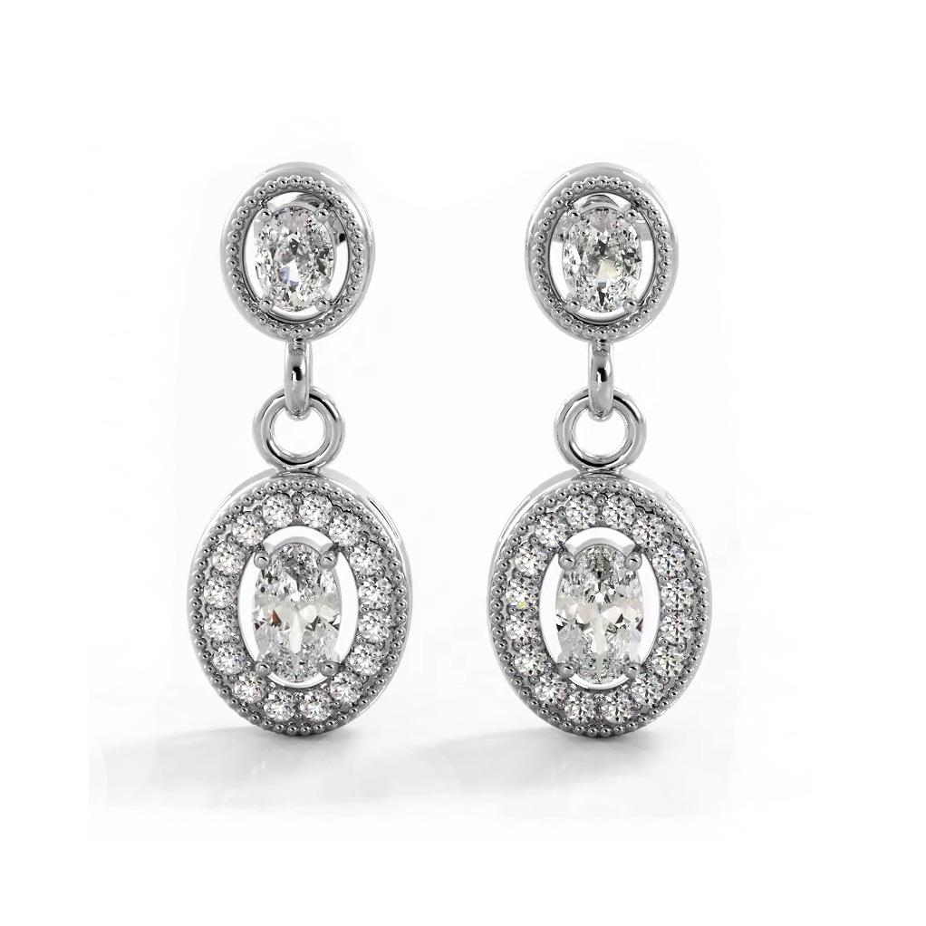 1.0 ctw. Vintage Inspired Oval and Round Diamond Drop Earrings