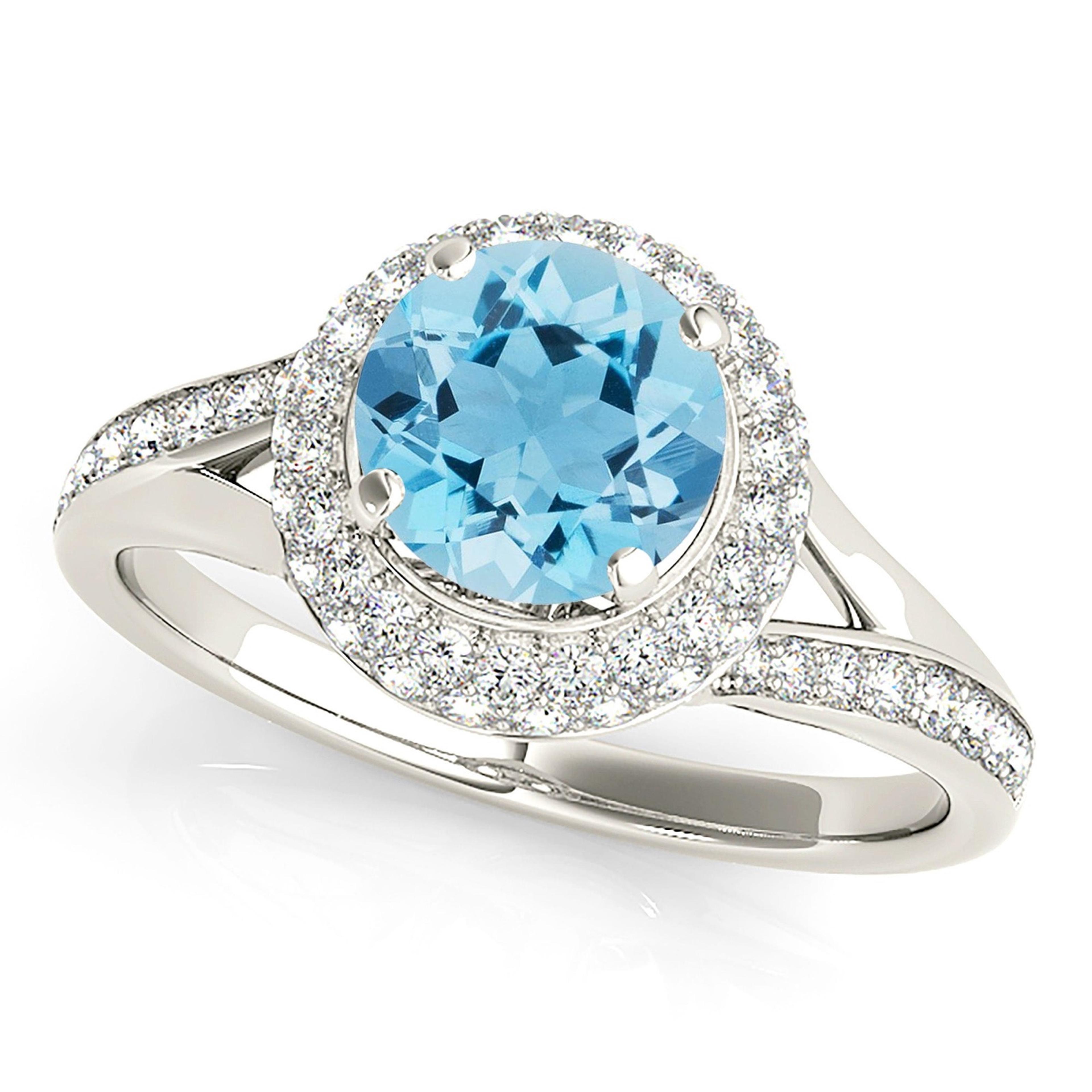 1.10 ct. Genuine Aquamarine Ring With 0.50 ctw. Diamond Double Edge Halo, Accent Diamond Side, Split V Shank | Blue Aquamarine Halo Ring-VIRABYANI